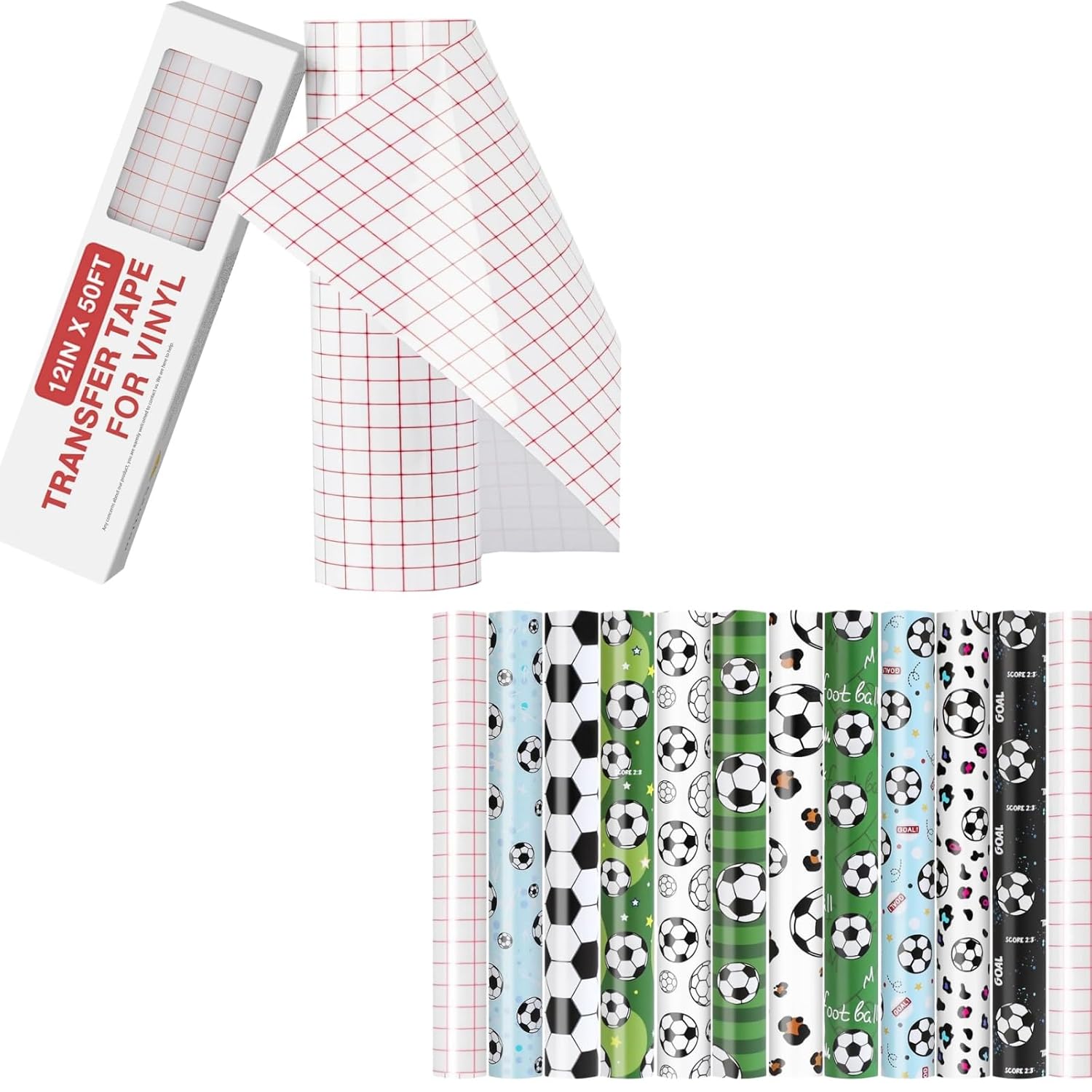 HTVRONT Clear Vinyl Transfer Paper Tape Roll-12 x 50 FT w/Alignment Grid Application Tape & Football Championship Permanent Vinyl - 10 Pcs 12"x10" Soccer Ball Patterns Adhesive Vinyl