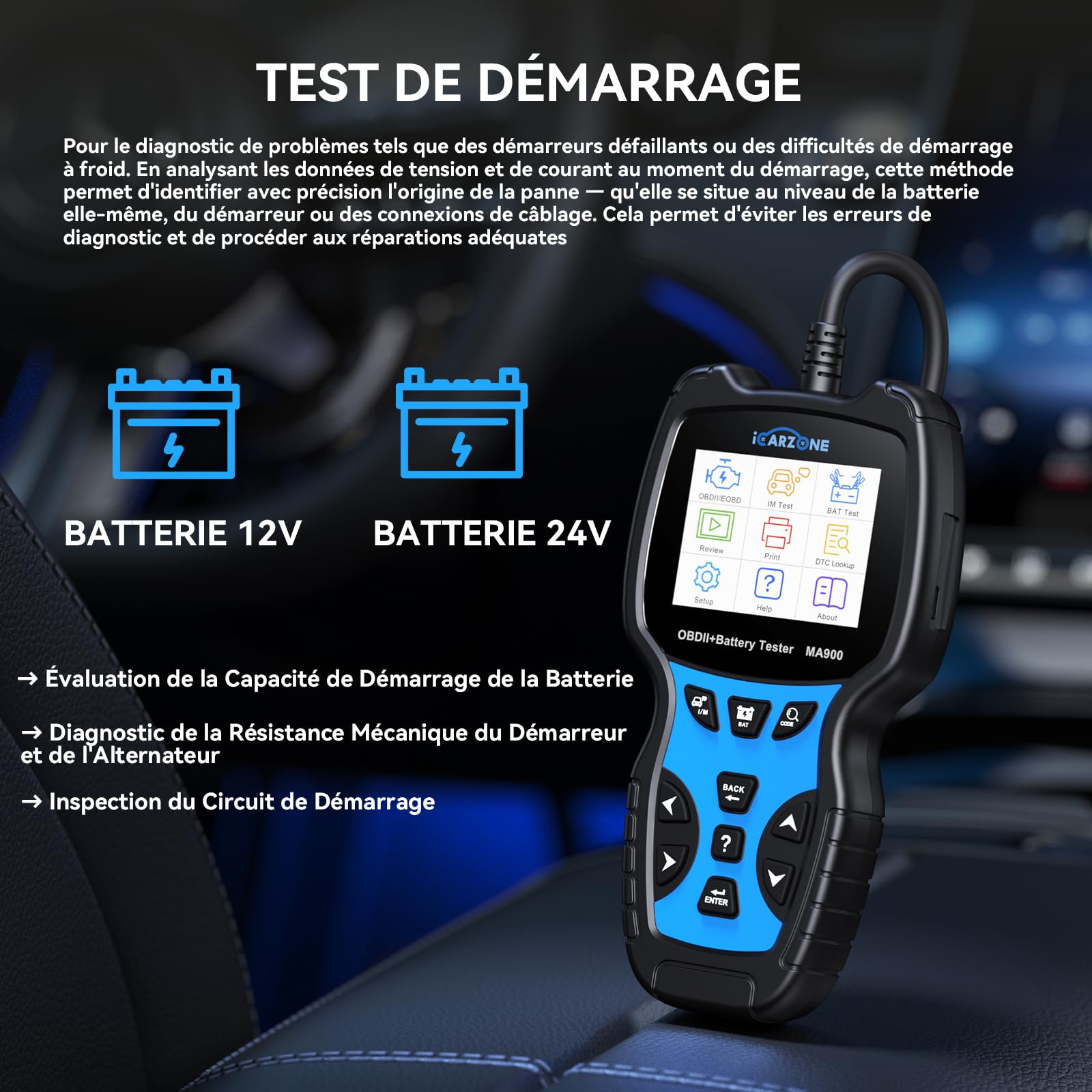 MA900 Testeur de Batterie Voiture + Outil de Diagnostic OBD2, avec Test de Décharge, Test de Démarrage, Test de Charge, Lecture OBFCM/Codes/Données Temps Réel,pour Voitures et Motos-12V/24V