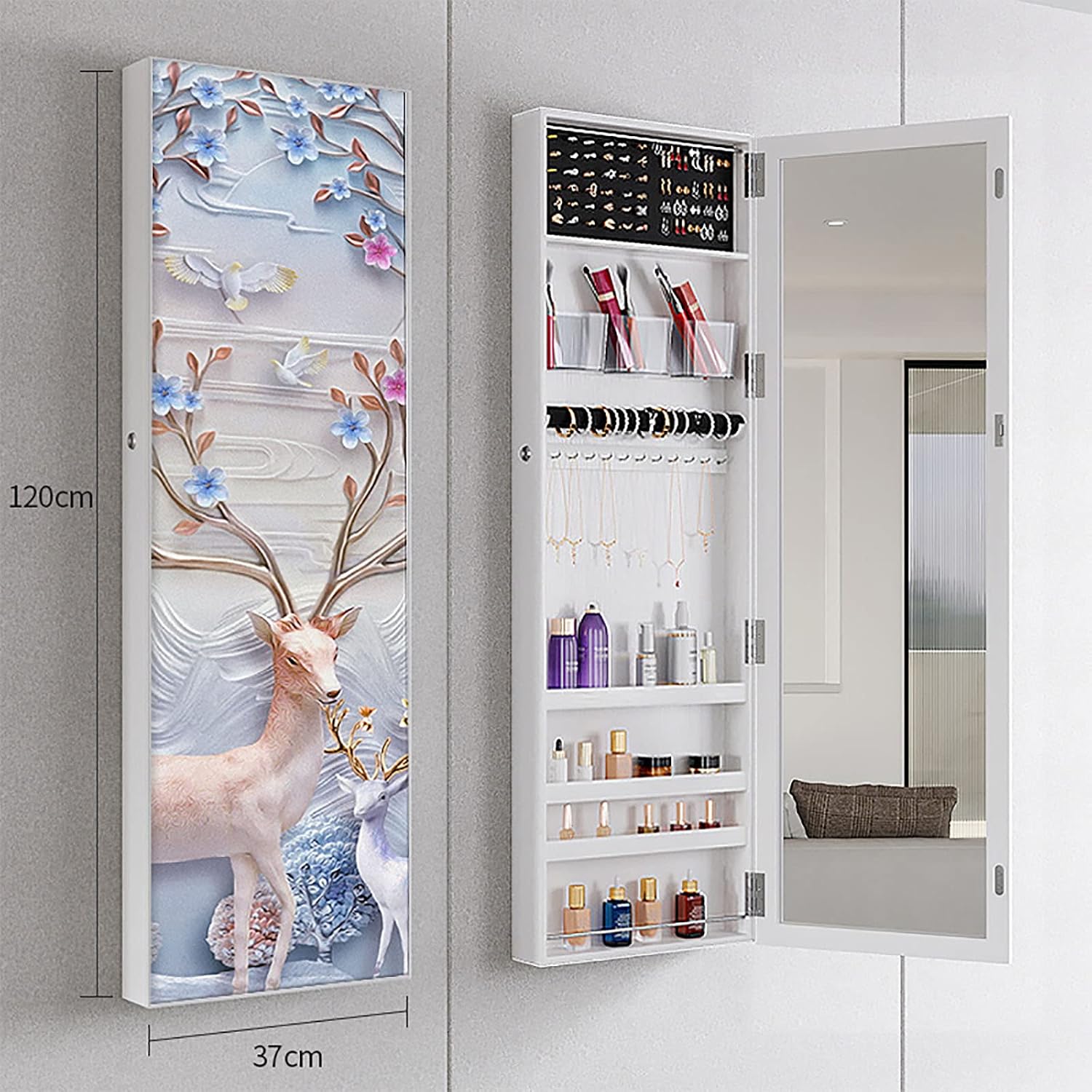 Jewelry Cabinet Box Armoire, Lockable Wall Door Mounted Hanging Jewelry Armoire Organizer, with Built-in Full-Length Mirror (B1 Door Right Open)