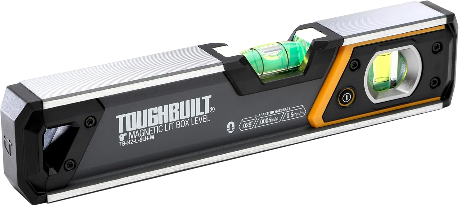 ToughBuilt – 9" Lighted Magnetic Box Level, Compact Aluminum Level with LED-Lit Vials, Rare Earth Magnets, V-Groove Base, and Shockproof End Caps (TB-H2-L-9LH-M)