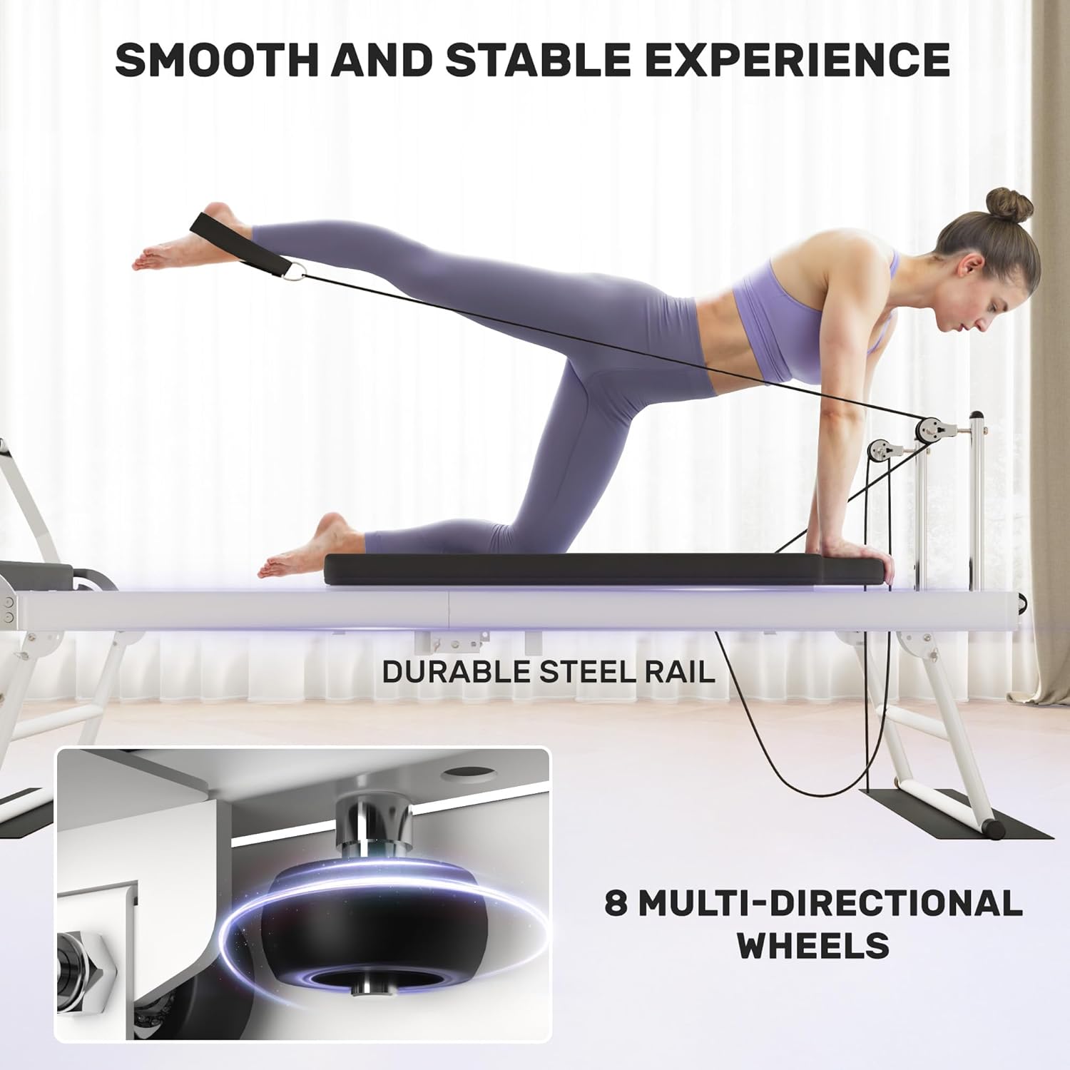 Image illustrating the smooth and stable experience of the JELENS JP01 Pilates Reformer, showing a user exercising and an inset of the durable steel rail and 8 multi-directional wheels.