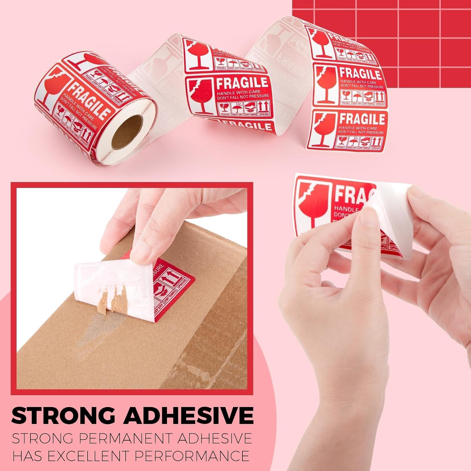 1 Roll 2"x3.5" Fragile Stickers Strong Adhesive Handle with Care Don't Fall Not Pressure Warning Labels for Shipping and Moving (500 Pack Per Roll)