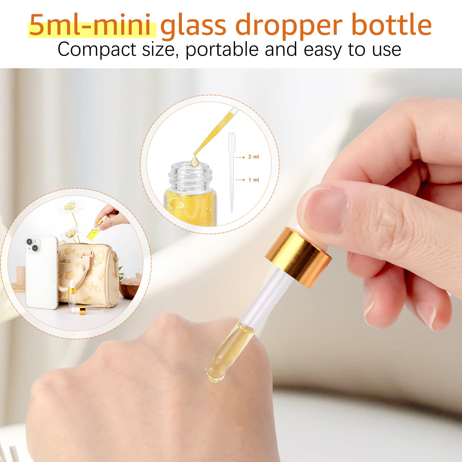 Kesell Mini-Glas-Tropfflaschen, 5 ml, klare Glasflaschen mit Pipette für ätherisches Öl, kleine Reiseflasche mit 5 Kunststoff-Tropfen, kleine Probenflaschen mit Deckel, goldfarben, 100 Stück