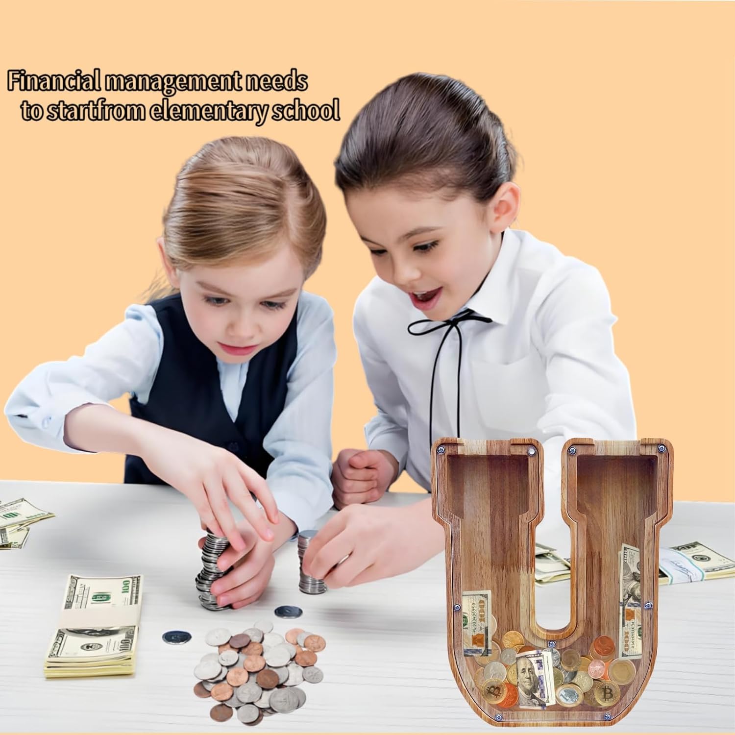 Large Piggy Bank for Kids Boys Girls, Personalized Wooden Letter Piggy Bank with Cut-Out Design, Alphabet Letter Coin Banks, Money Savings Box,Birthday Present for Kids Adults and Home Decoration (U) image 4