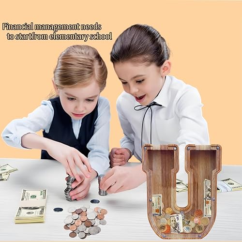 Miniatura 77 de Alcancía grande para niños y niñas, alcancía de madera personalizada con diseño recortado, bancos de monedas de letras del alfabeto, caja de ahorro
