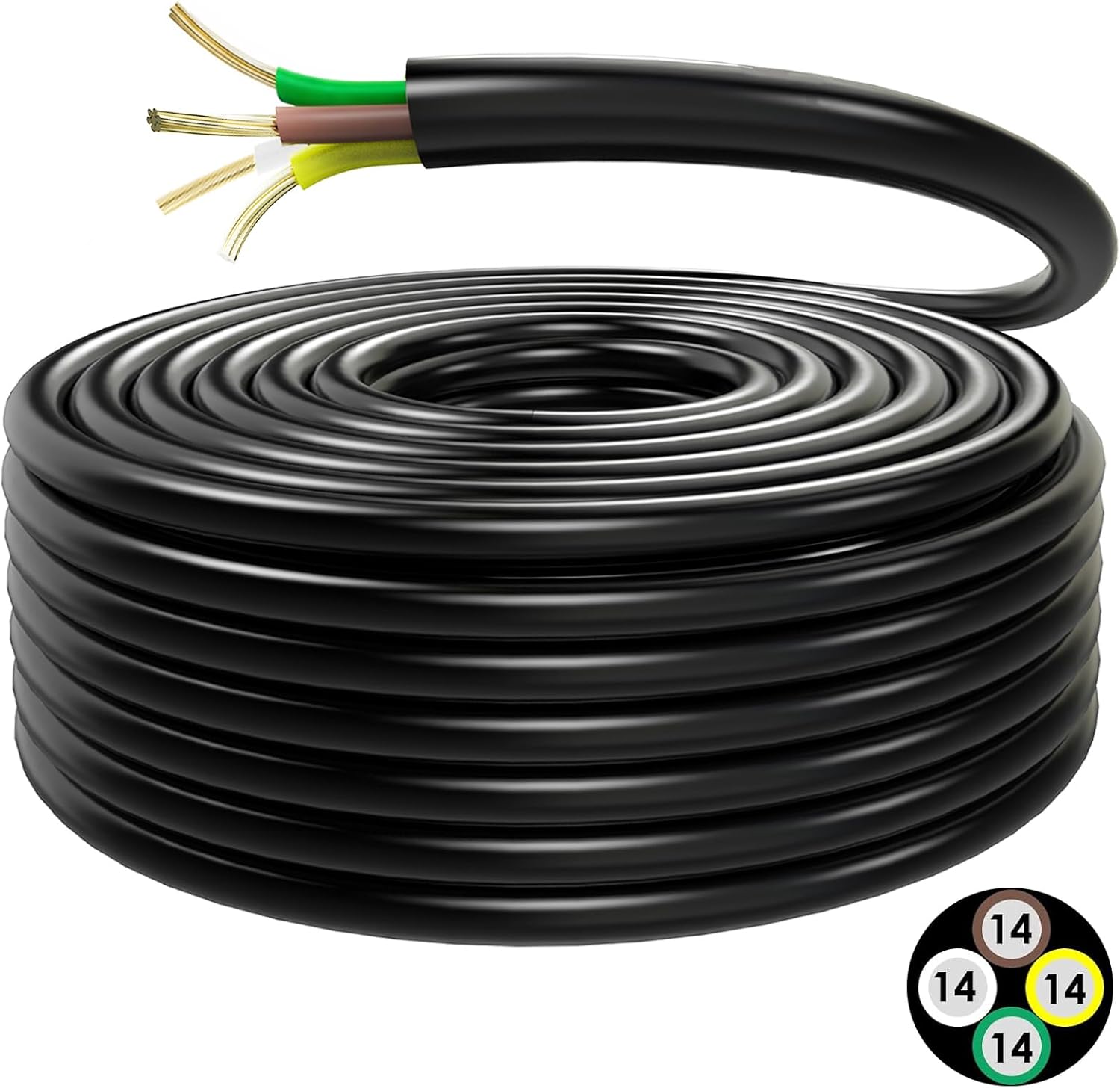 100FT 4-Way Trailer Wire, 14 Gauge 4 Conductor Towing Cable 30% High Copper CCA, Color-Coded Weatherproof Wiring Harness for RV Camper Boat Utility Trailer – White Brown Yellow Green