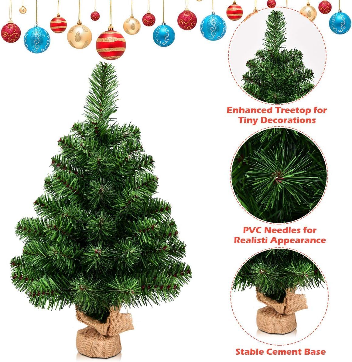 2FT Artificial Tabletop Christmas Tree, Premium Spruce Christmas Tree with Burlap Base, Suitable for Kitchen, Table and Office, Green (2FT)