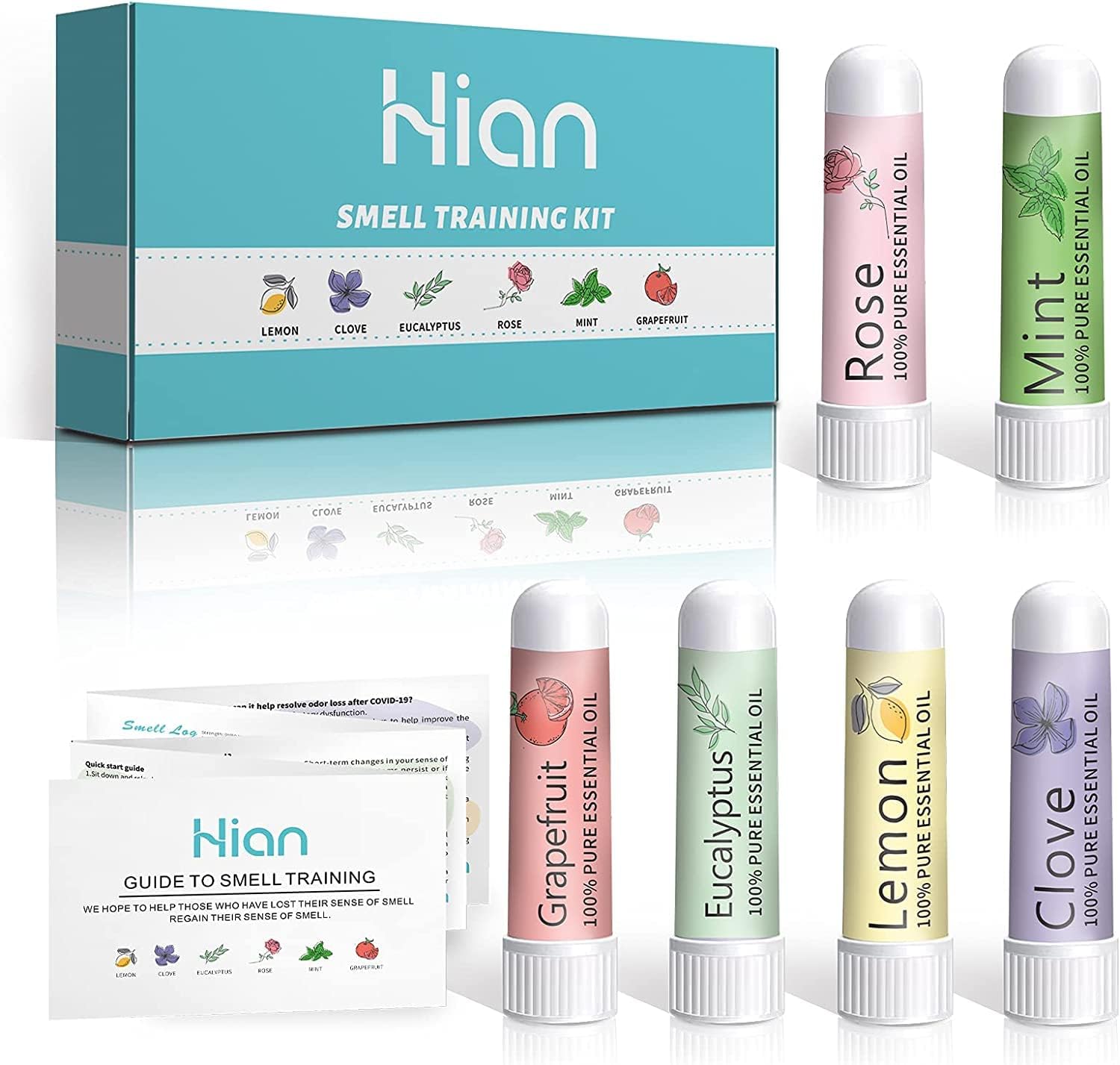 Hion Smell Training Kit, 6 Essential Oils, Olfactory Training Kit Helps Regain Your Sense of Smell, Lemon Mint Rose Grapefruit Clove Eucalyptus Essential Oils with Smell Training Guidebook