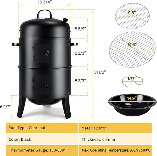 Miniatura 6 de TCFUNDY Parrilla vertical para ahumar carbón de 32 pulgadas, parrilla de barbacoa resistente con termómetro integrado, parrilla 3 en 1 y ahumador,