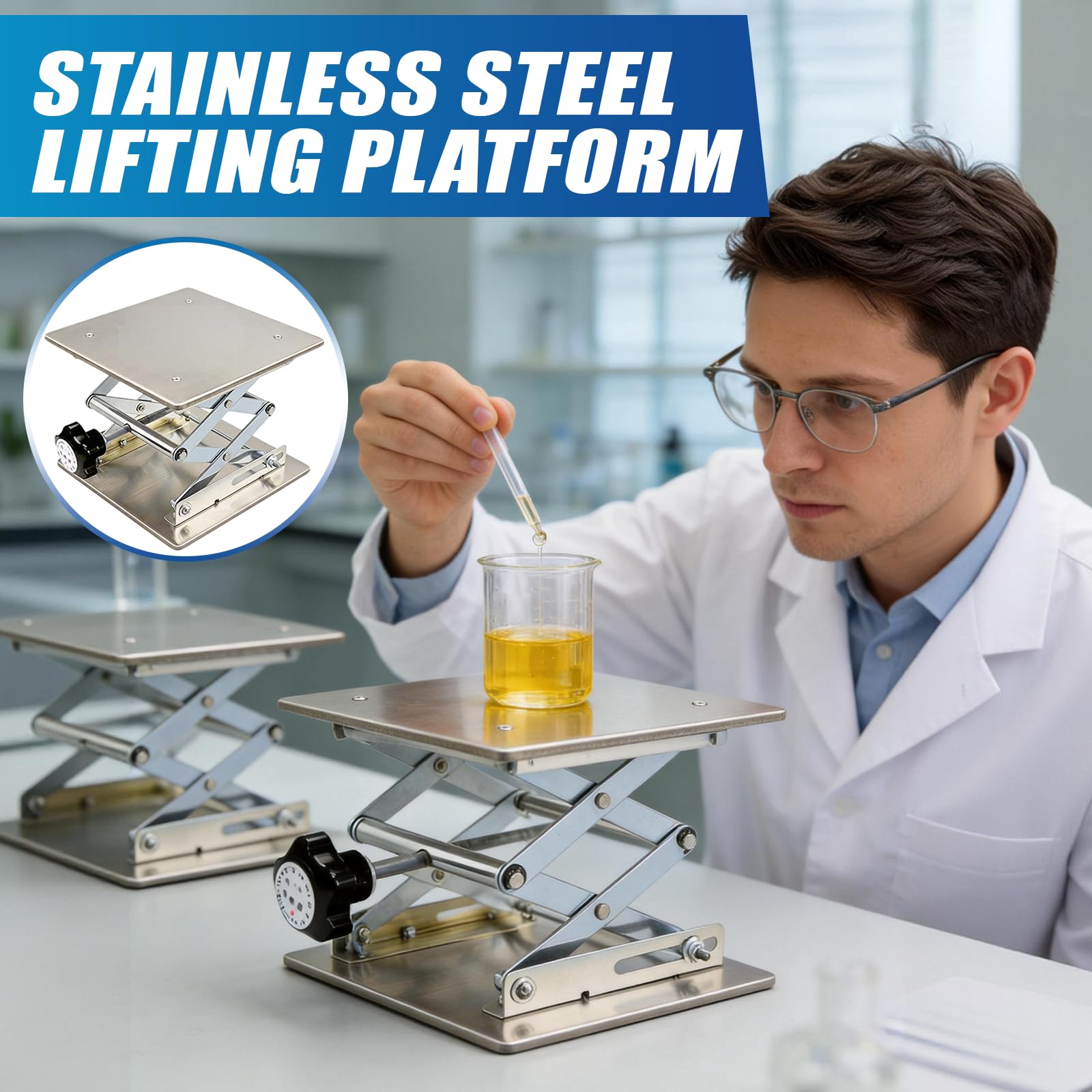 Mesa Elevadora 300x300 mm, Plataforma de Elevación de Acero Inoxidable Gato de Laboratorio Carga 25kg Altura 90-460mm Ajustable para Microscopio y Grabado Láser, Pies de Goma