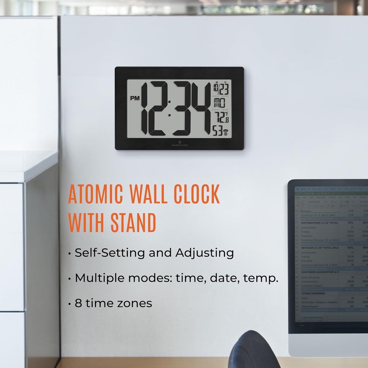 MARATHON Atomic Wall Clock with Stand, Black Frame/Black Stainless Steel Finish - Large, 9-Inch Display - AM/PM or 24-Hour Time Format, 8 Time Zones & Indoor Temperature - Two AA Batteries Included