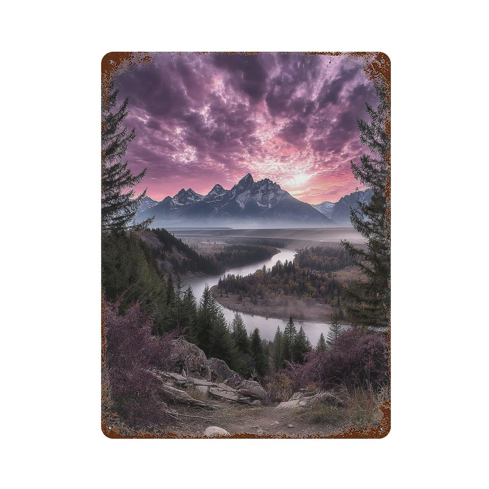 Mountain River Sunset Landscape Vintage Metal Tin Sign 15.7"x11.8", Industrial Home Decor for Garage, Pub Or Kitchen