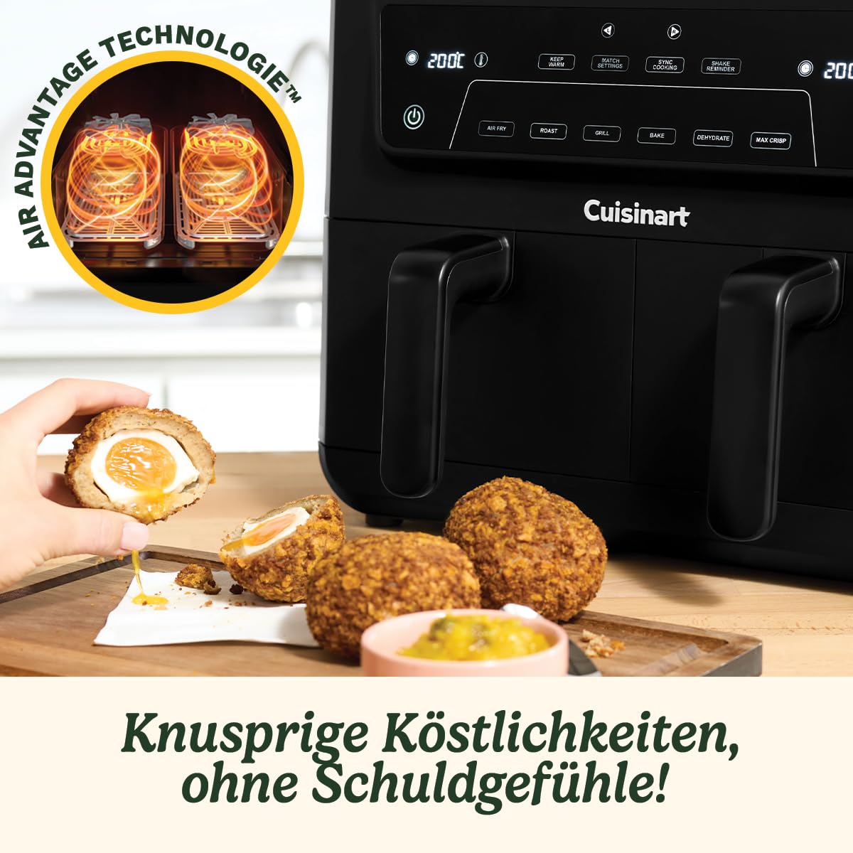 Cuisinart XXL 10.4L Zweizonen-Heißluftfritteuse| PFAS Frei Airfryer| Braten, Grillen, Backen, Dehydrieren und Warmhalten | 2 kammern| 2 x 5.2L - 8+ portionen| Spülmaschinenfeste Teile