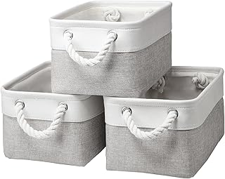 Small Storage Baskets With Handles, Fabric Canvas Material Storage Box for Home Office Products Organize, Small Storage Box Fit Cat Dog Toy, Gift Basket, 31 X 21 X 16 cm (White & Light Grey-3pack)