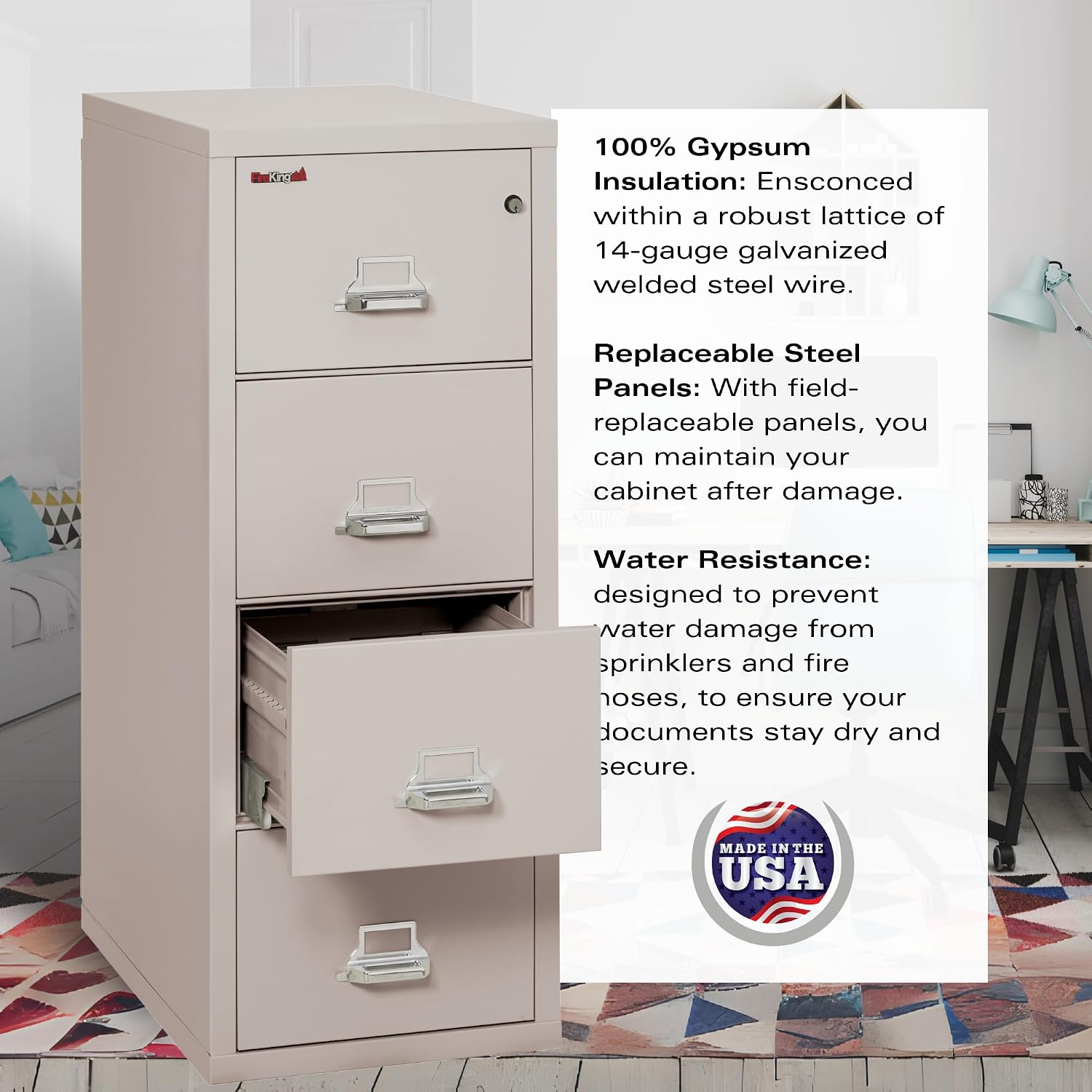 FireKing Fireproof Vertical File Cabinet (4 Letter Sized Drawers, Impact Resistant, Water Resistant), 52 .75" H x 17.75" W x 31.56" D, Platinum