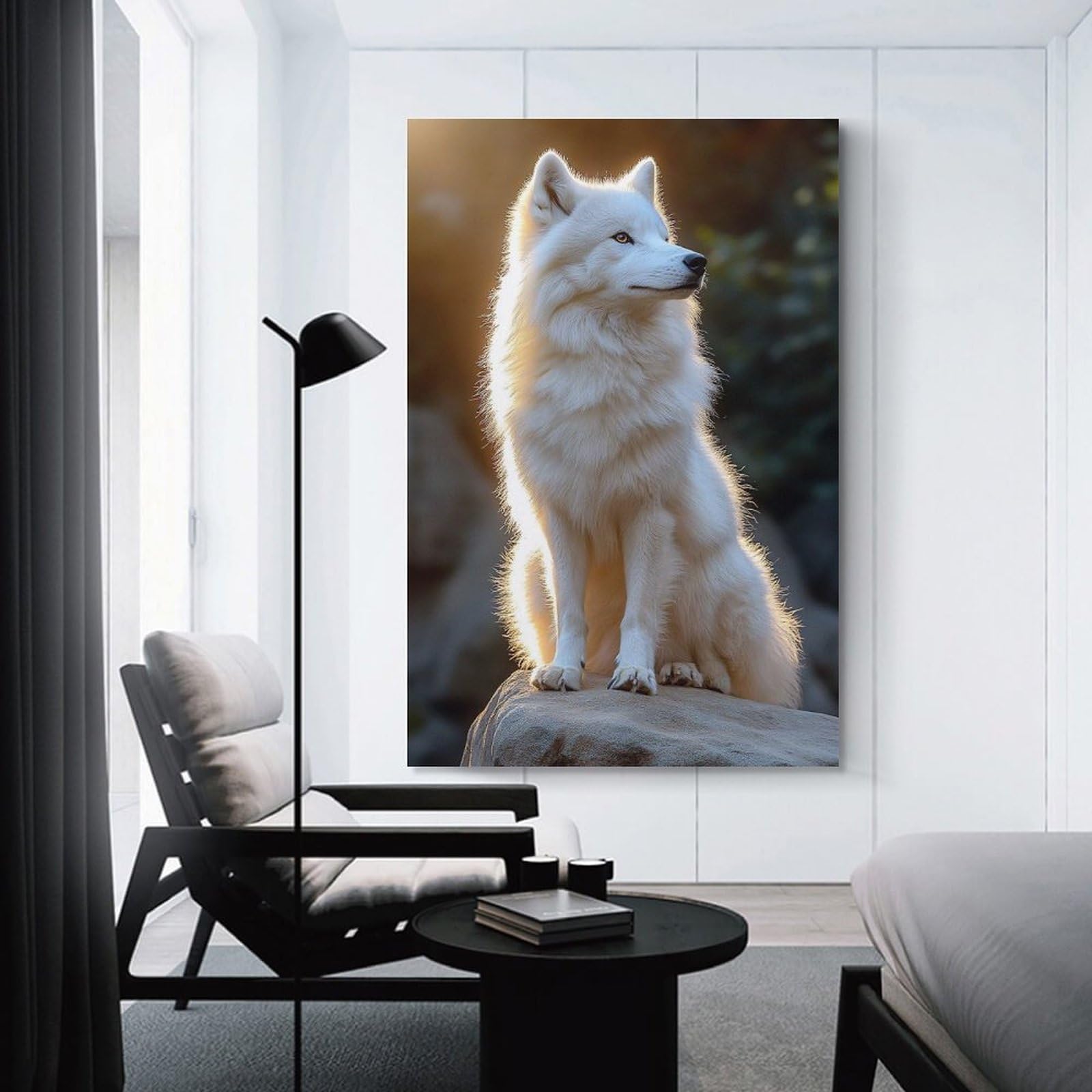Junmoney Majestic White Wolf Portrait Canvas Wall Art, 20x30inch(50x75cm), for Workspace Walls, Study Corners Or Bedrooms, An Interior Accent for Desk Areas