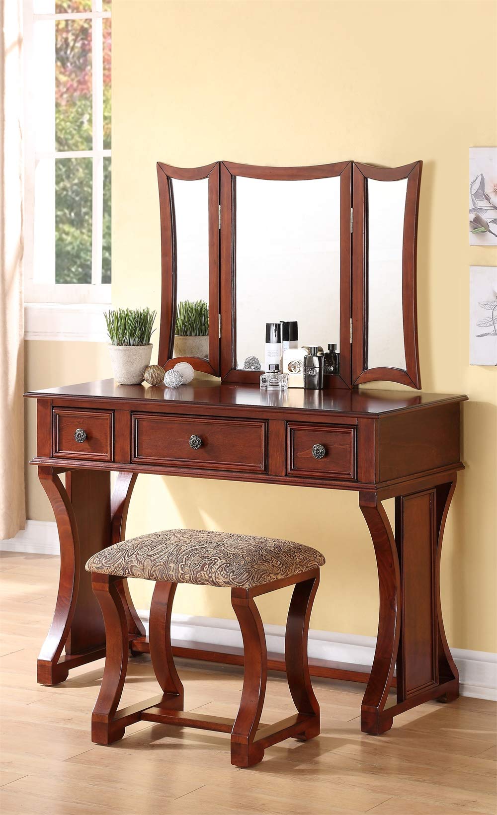 Poundex Bobkona Edna Vanity Set with Stool, Cherry Buy Online in