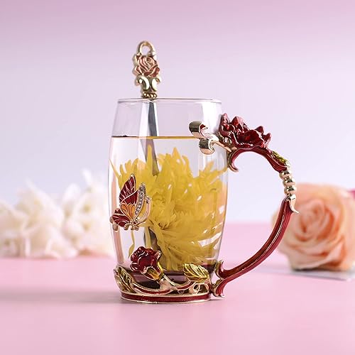 Miniatura 6 de Tazas de café de cristal - Taza de té de mariposa y flor con cuchara y caja, regalos personalizados para mamá, mujeres, esposa y novias (11 onzas)