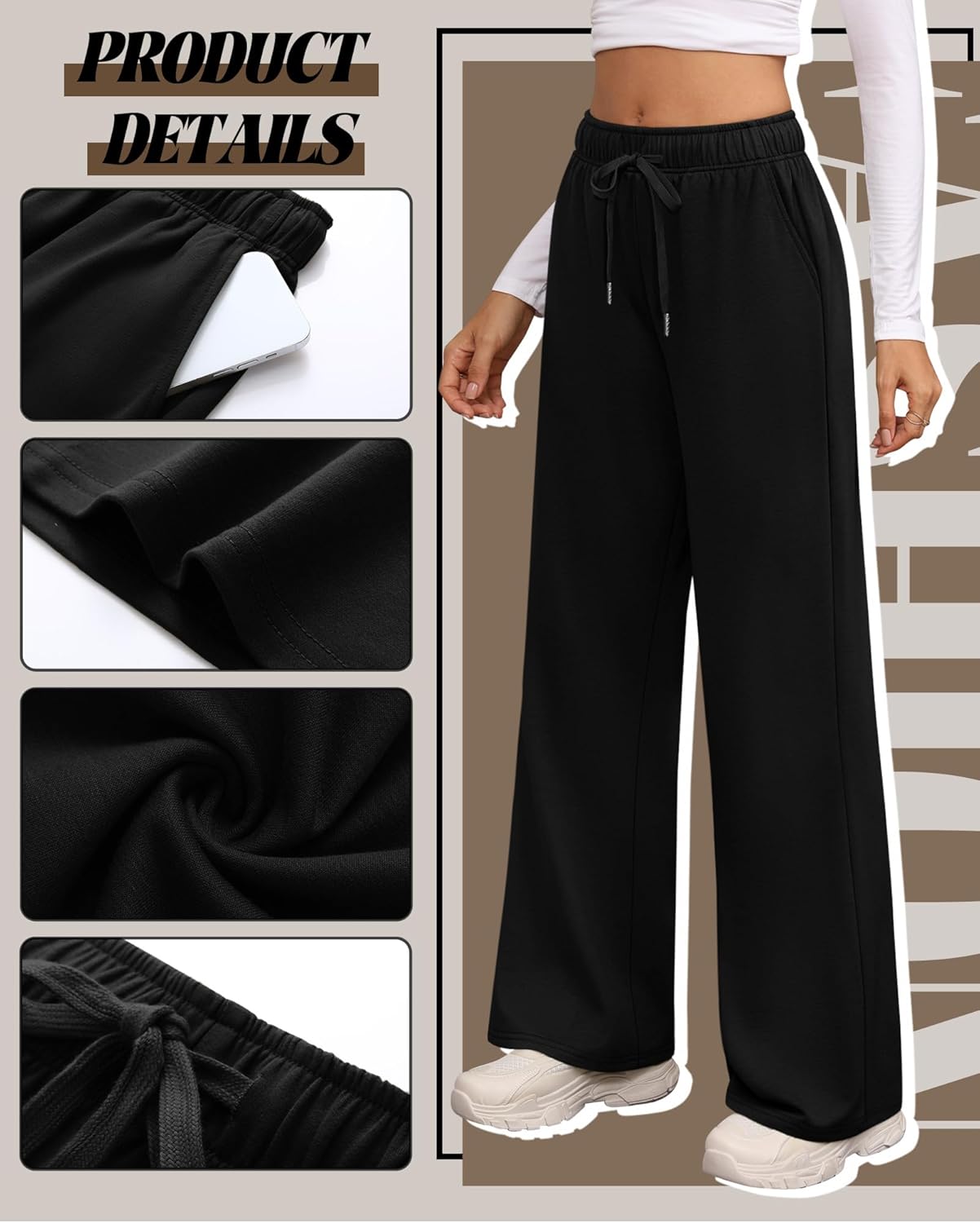 Riyiper 3 Pack Women Wide Leg Sweatpants Drawstring Straight Pants Elastic Waist Joggers Open Bottom Sweatpants with Pockets - Image 3