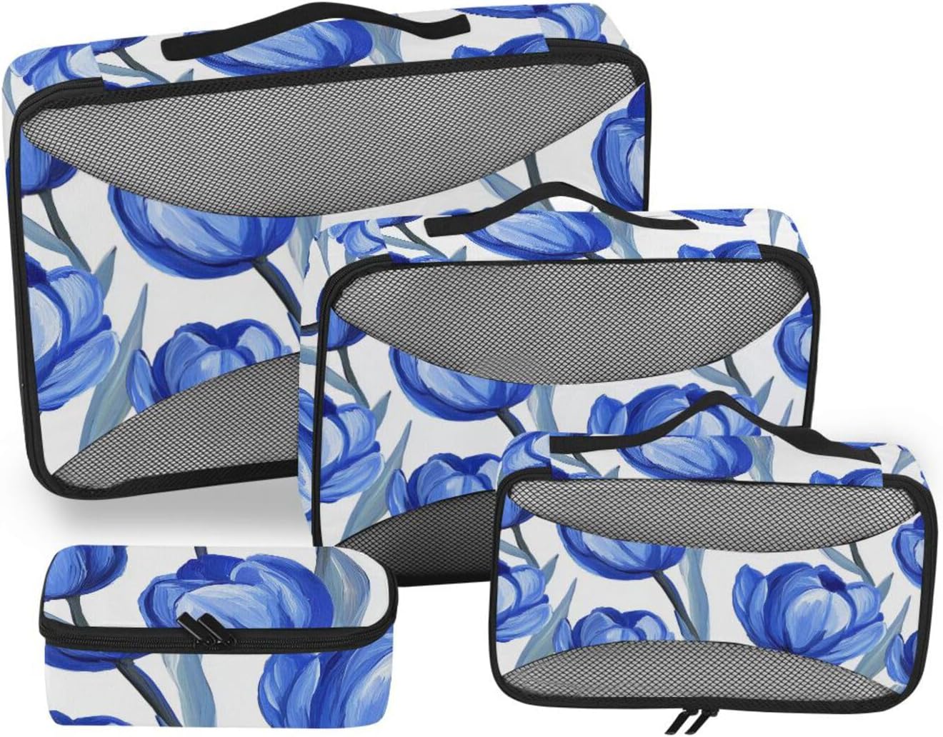 Blue Tulipa White Background Oil Painting Style 4 Pcs set luggage organizer bags Mesh Travel Essentials expandable packing cubes for women