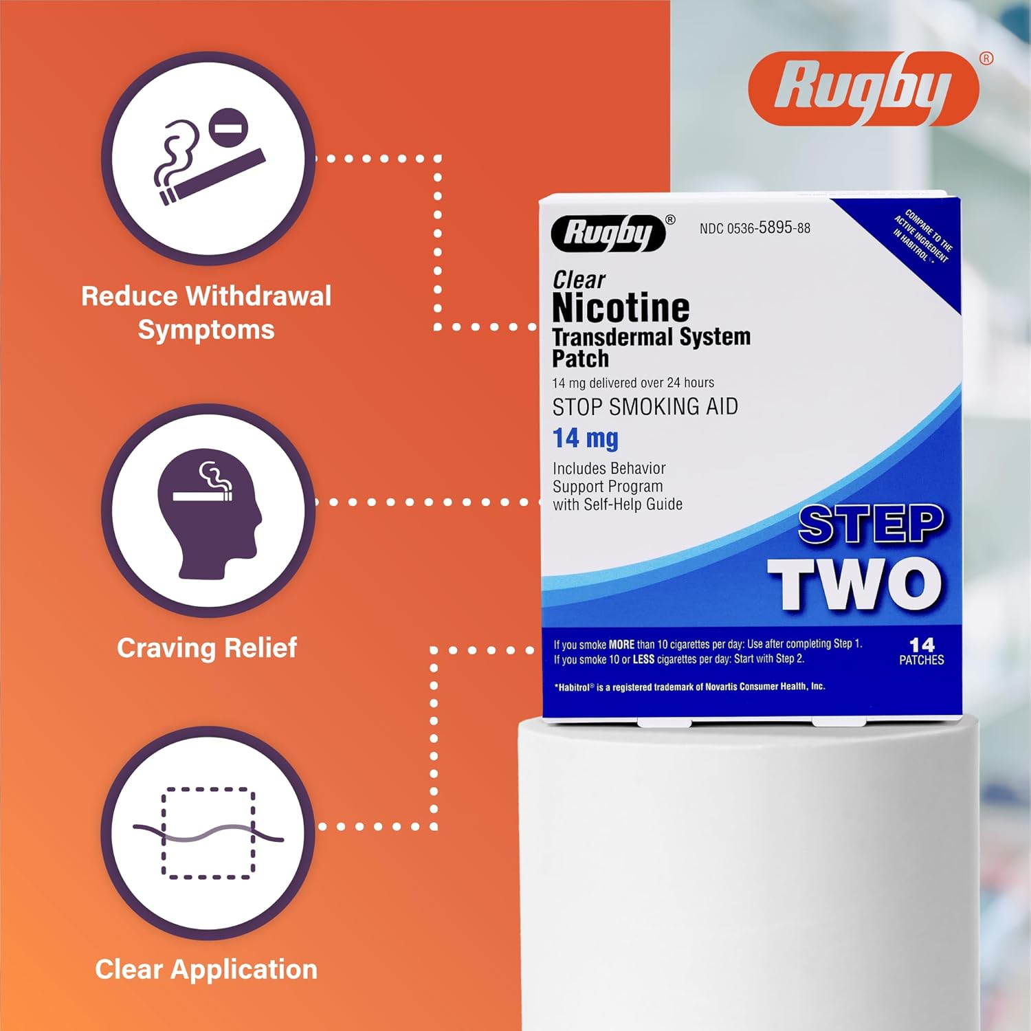 Rugby Clear Nicotine Patches - 14mg Transdermal System Patch - Smoking or Vaping Quitting Aid - Step 2-14 Count (3-Pack)