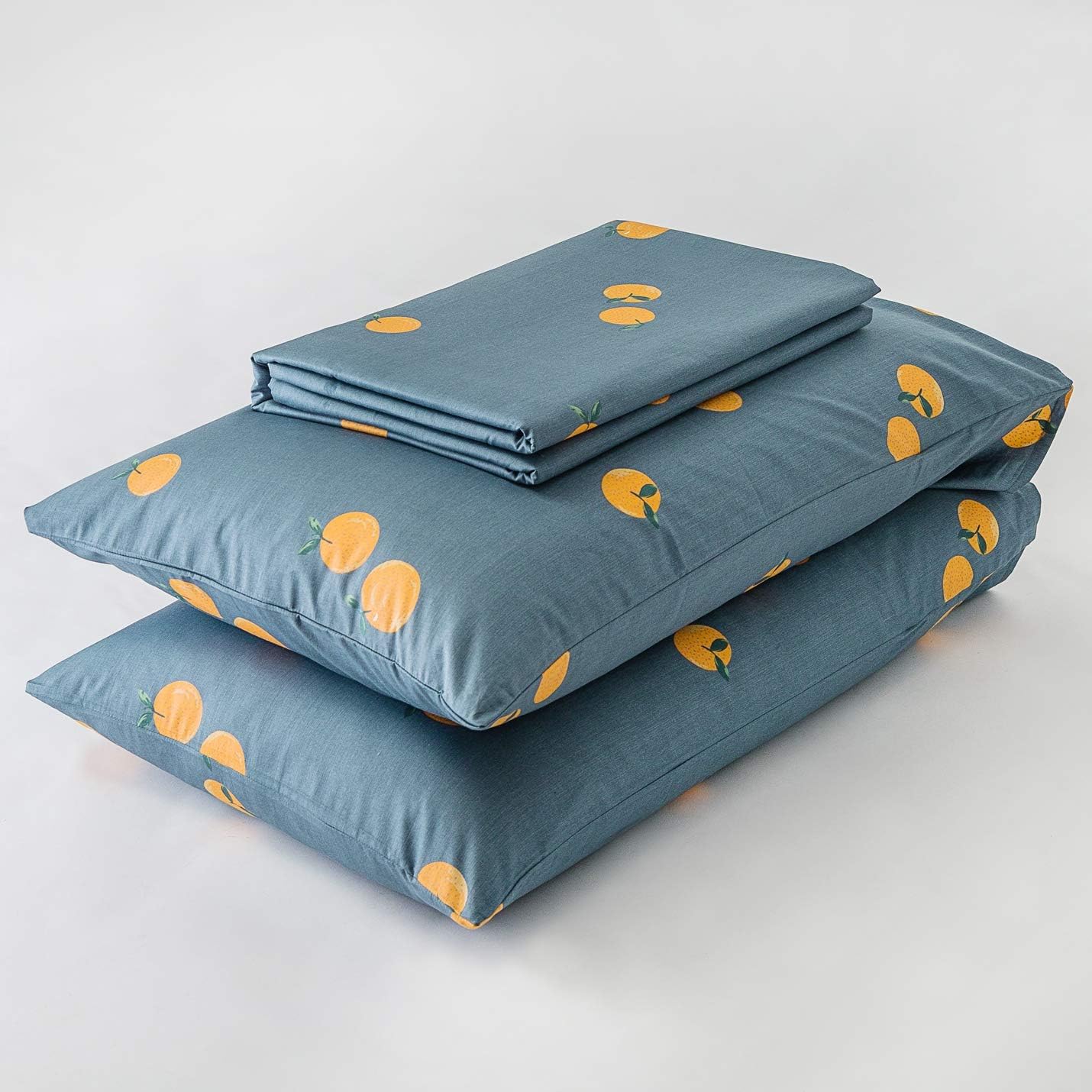 Nеw Prоduсt SUSYBAO 3 Pieces Duvet Cover Set 100% Cotton Denim Blue King Size Bedding Cover Set 1 Orange Tangerine Print Duvet Cover with Zipper Ties 2 Pillowcases Fruit Pattern Luxury Quality Soft Breathable