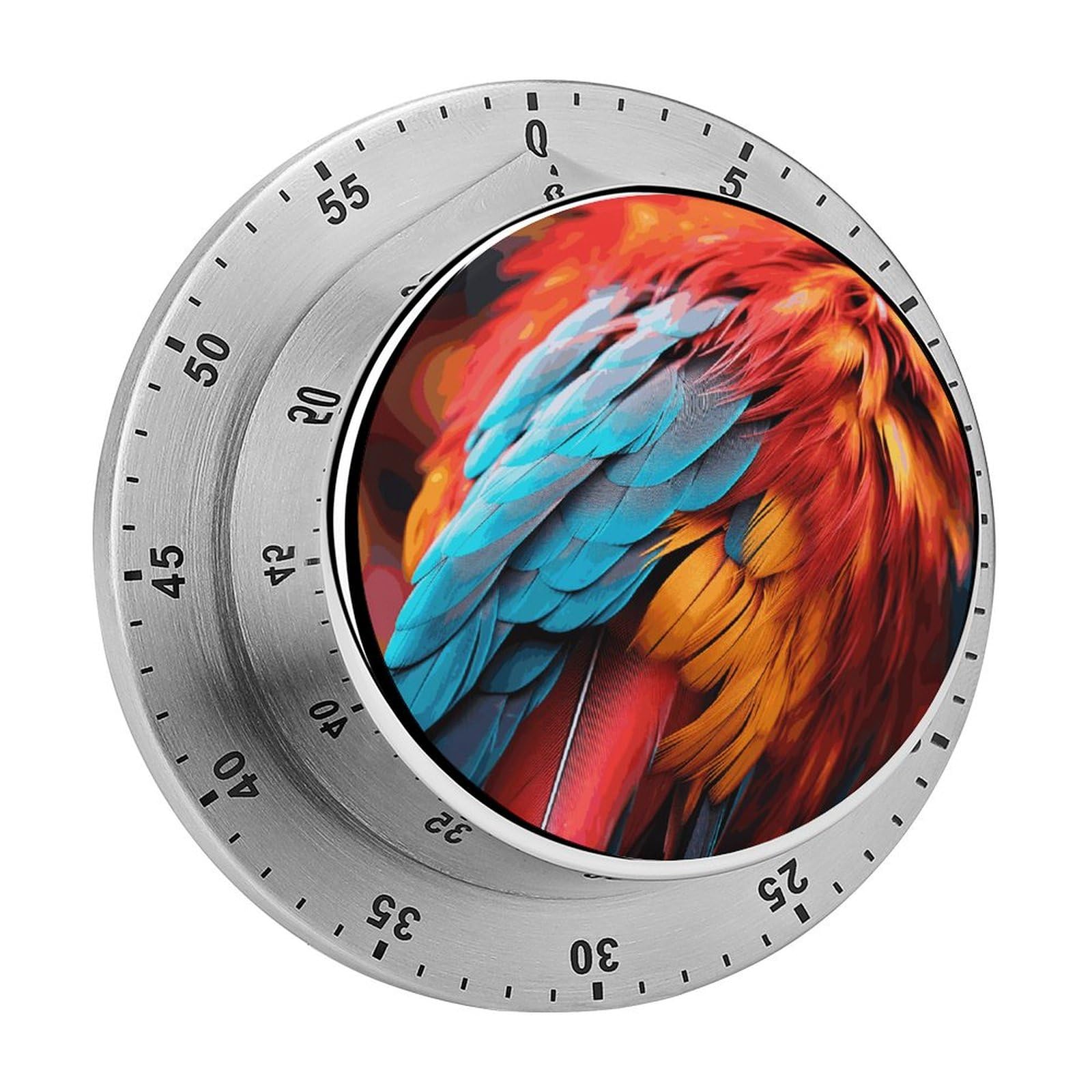 Mechanischer Edelstahl-Timer, Küchentimer, bunte Federn, bedruckt, Edelstahl, Countdown-Timer für Fitness-Projekte und Küchenaufgaben