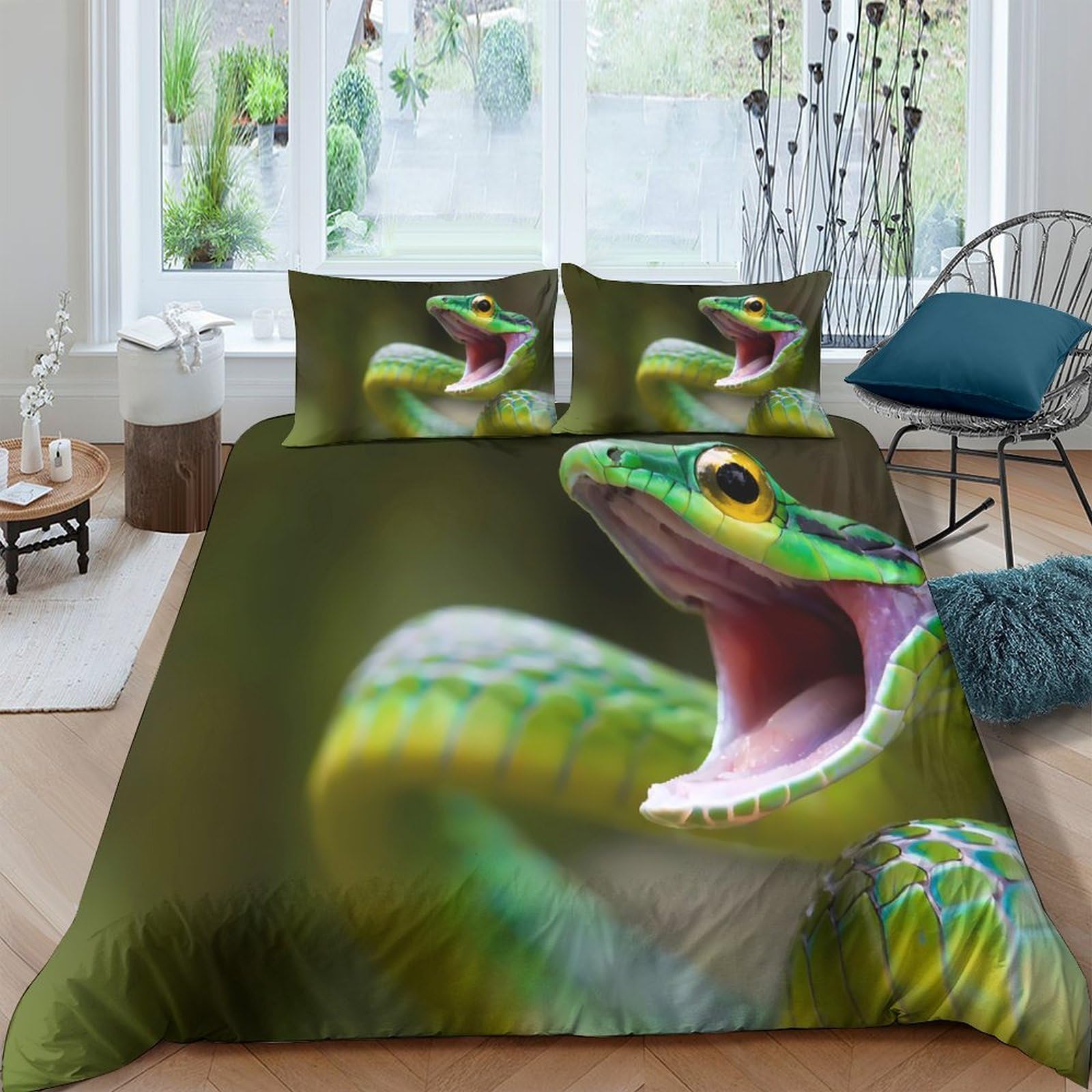 Ctjqhvkz Style-9 3D Printed Green Snake Fitted Sheet Microfiber Soft Decorative Animal Open Mouth Bed Cover For Bedroom Dorm Single（135X200cm）