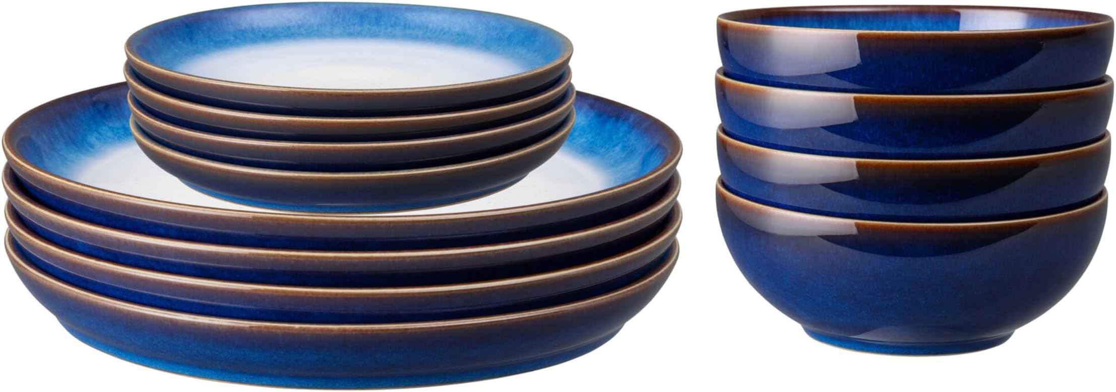 Blue Haze Dinner Set for 4-12 Piece Ceramic Coupe Tableware - Blue Glaze Plate and Bowl Set - Dishwasher Microwave Safe Crockery - Includes 4 x Dinner Plates, Small Plates, Cereal Bowls