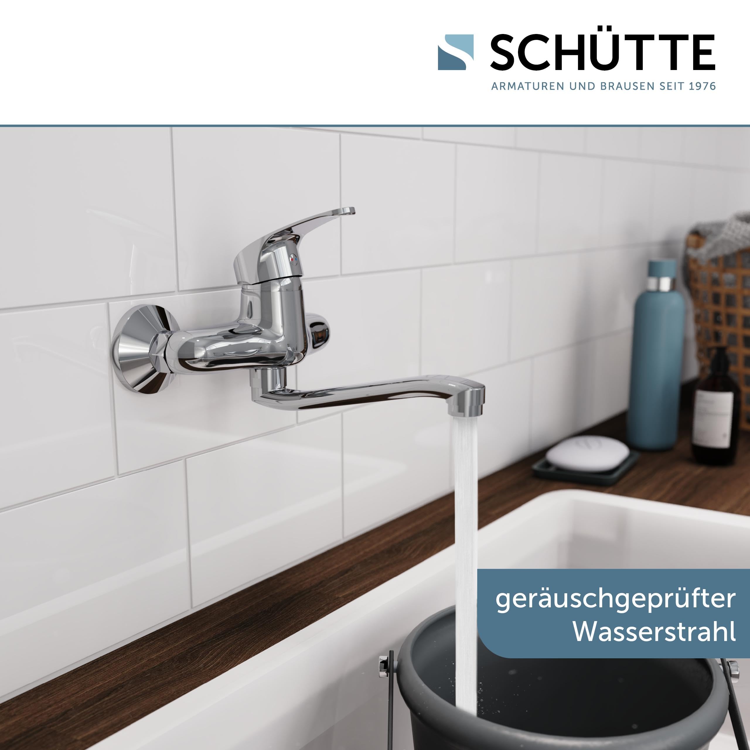 SCHÜTTE 36760 ORAZI Wandwasserhahn Chrom, Wand-Spültischarmatur 360°, ideal für Doppelspülbecken, Wasserhahn Wandmontage, Wandarmatur für Küche/Ausgussbecken, Mischbatterie für Wandmontage