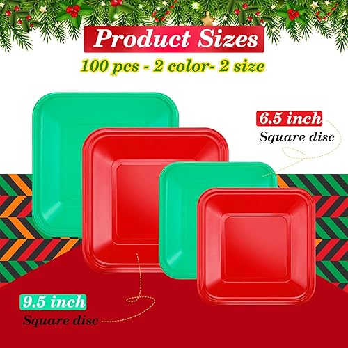 Miniatura 2 de 100 platos cuadrados combinados de Navidad, platos desechables de plástico rojo de 6.9 pulgadas y 9.5 pulgadas, platos a granel para cenas y postres
