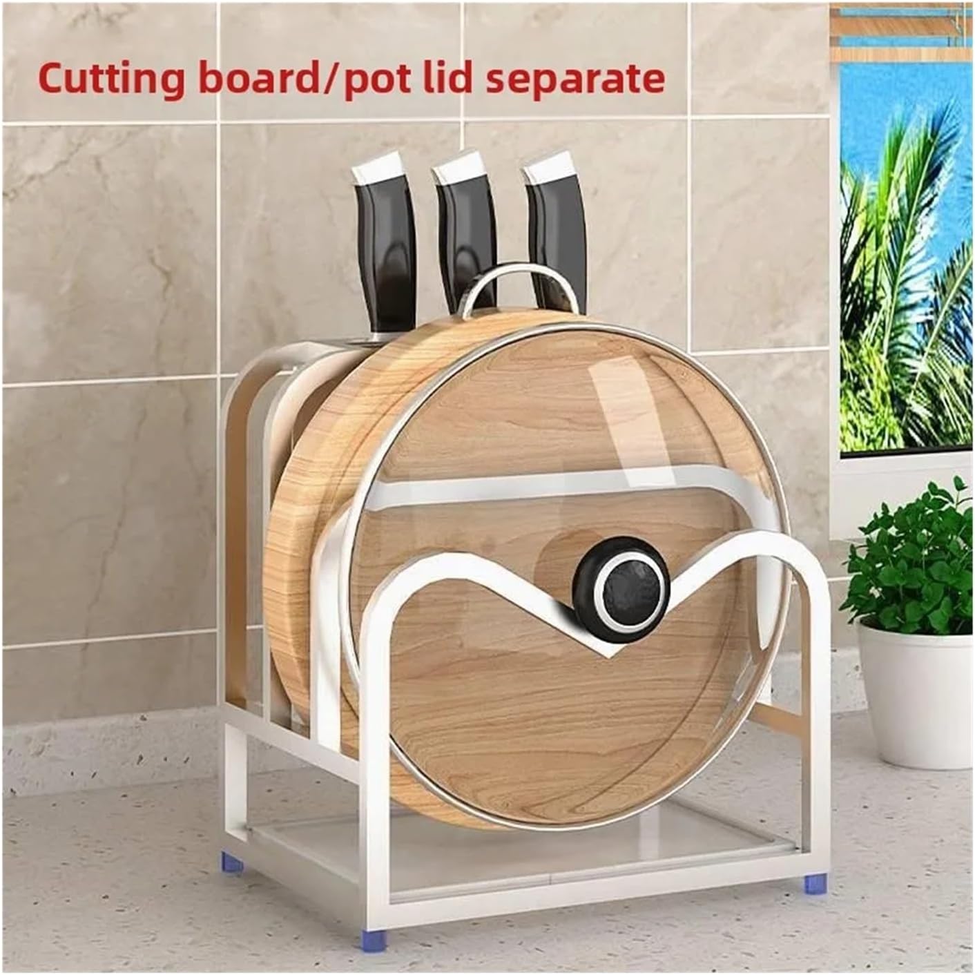 Stainl Steel Kitchen Knife Ra Cutting Board Holder Countertop Inteated Storage For Utensils(201 (2 slots+2 hooks plastic tray))