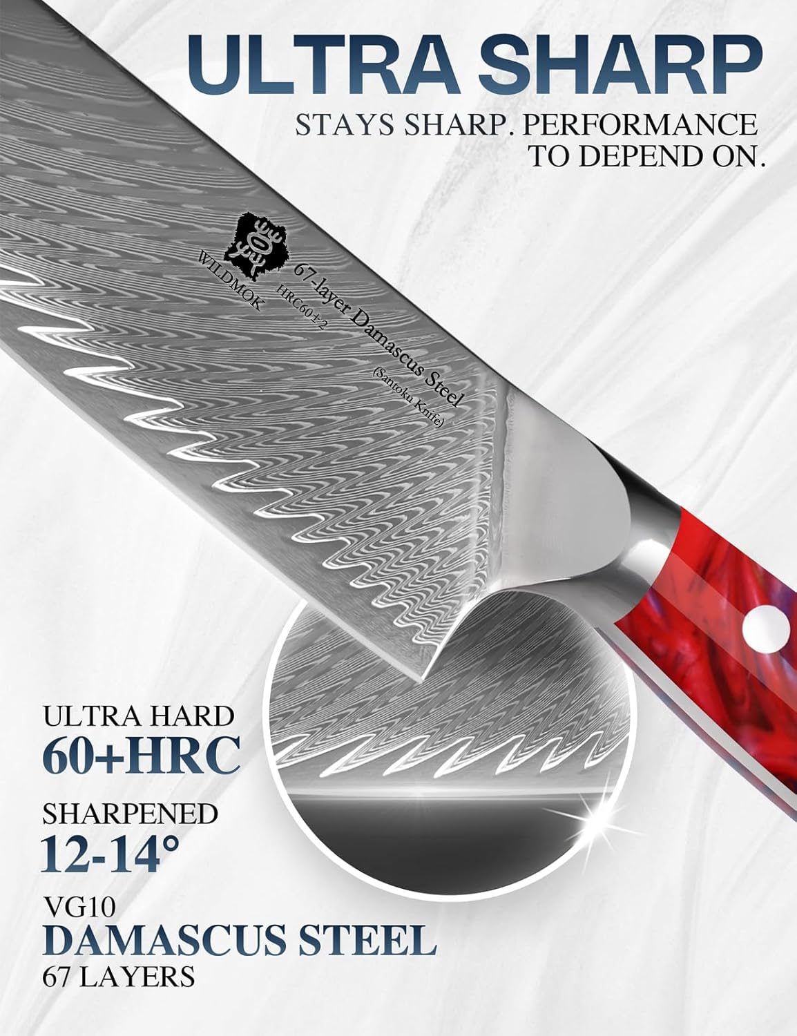 WILDMOK Santoku Knife 7 inch, Professional Japanese VG 10 Damascus steel Santoku Knife, Knives with Ergonomic Full Tang Resin handle, suitable Home Kitchen and Restaurant