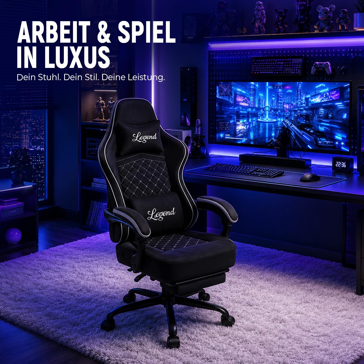 Gaming Stuhl Gamer Sessel - Tech-Stoff, hochdichter Schaum, Taschenfederung, 150 kg, mitlaufende Armlehnen, verstellbare Rückenlehne (90-135°), Fußstütze, Schwarz
