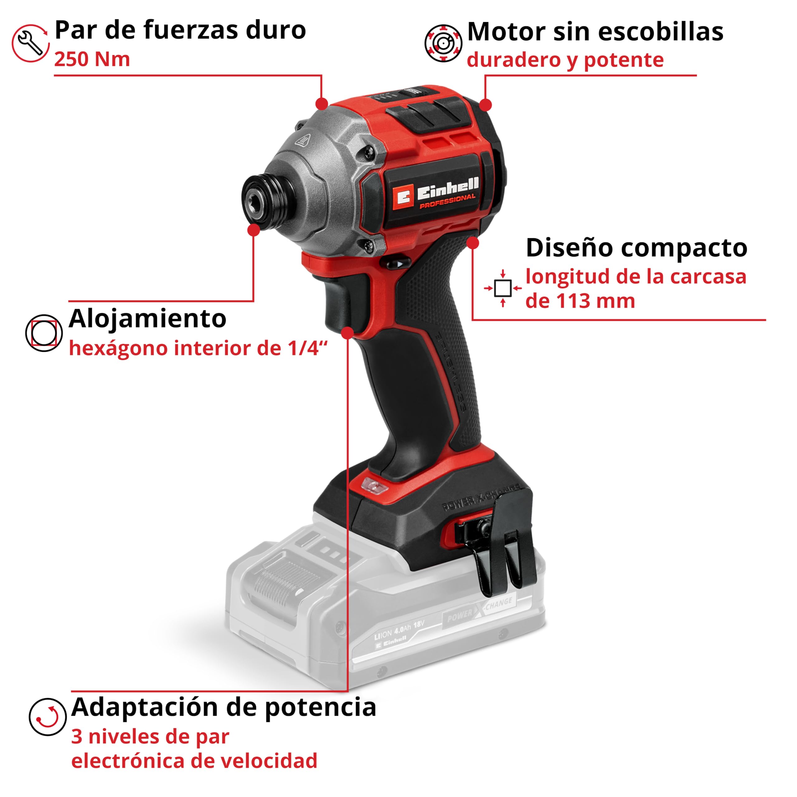 Einhell Professional Atornillador de impacto con batería TP-CI 18/250-C Li BL-Solo Power X-Change (18 V, par 250 Nm, par, sin escobillas, recepción hexagonal interior, sin batería)