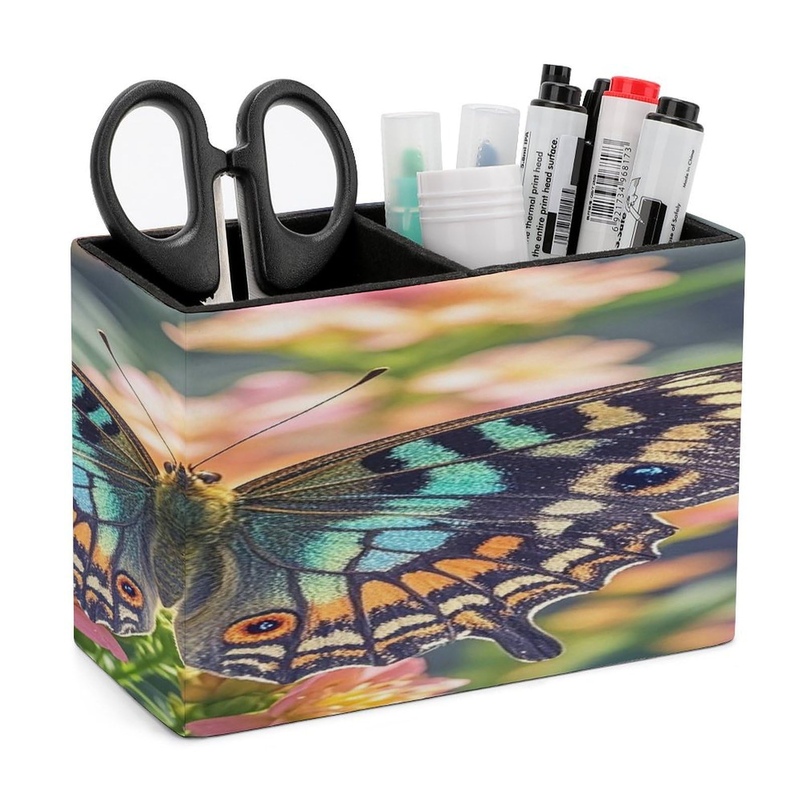 FekiLoot Butterfly Pen Holders for Desk Small Remote Control Holder Leather Pencil Cup with Double Compartments Desktop Organizer for Table Desk Office Space Saving