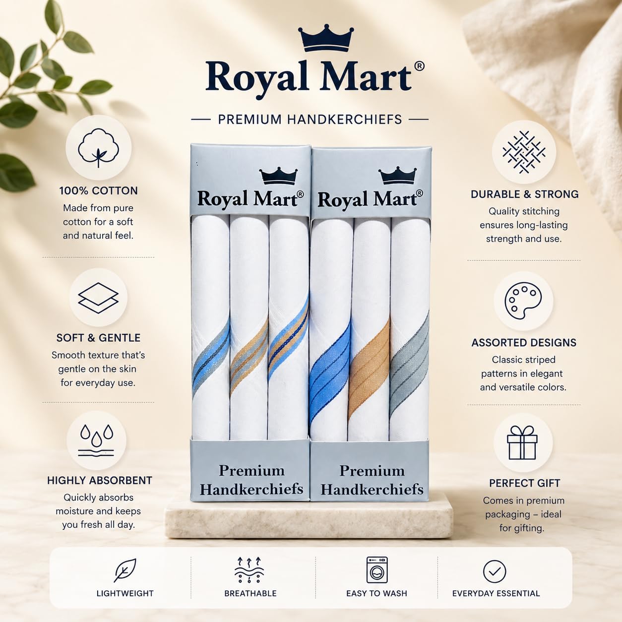 New Royal Mart 6 sztuk, biała 35 cm, pełna chusteczka na twarz, męska bawełniana chusteczka w paski, wygodna i wygodna na długie godziny, wielokolorowa chusteczka (6 szt.), biały, L