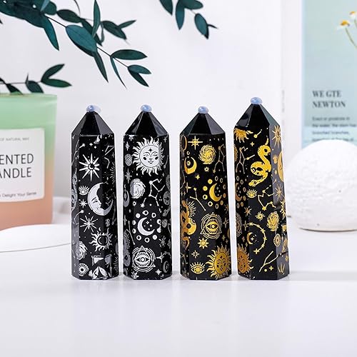 Miniatura 4 de Runyangshi 1 pieza de obsidiana de cristal natural de 2.36 a 2.76 libras, torre hexagonal plateada arenada, estrella, luna, sol, patrón de una sola