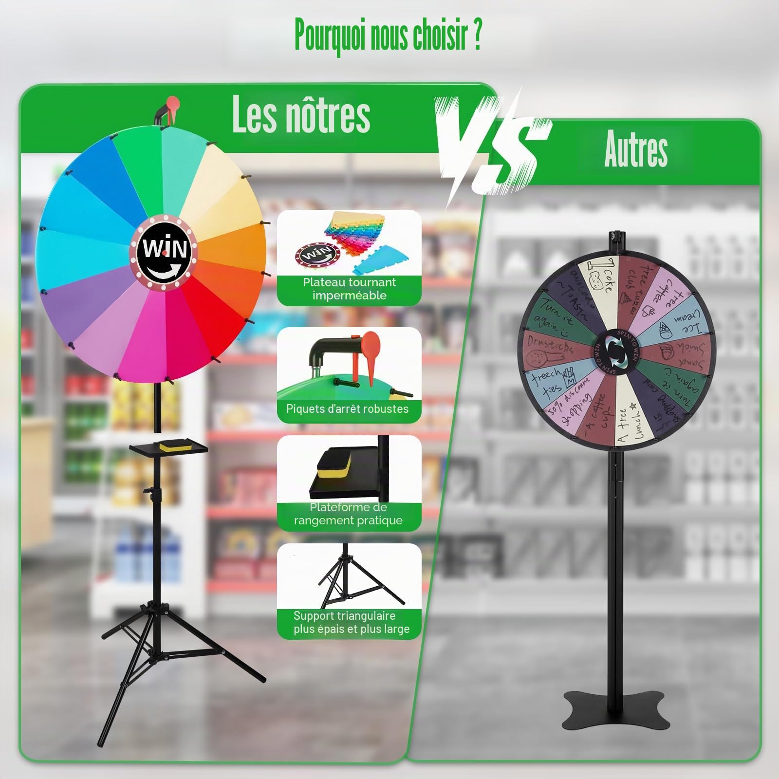Grande roue porte-bonheur de 61 cm à tourner - Roue de fortune pour créer des dauphins - Avec 14 places de prix de couleur réglables - Support réglable de 100 à 160 cm - Roue rotative - Jouet pour