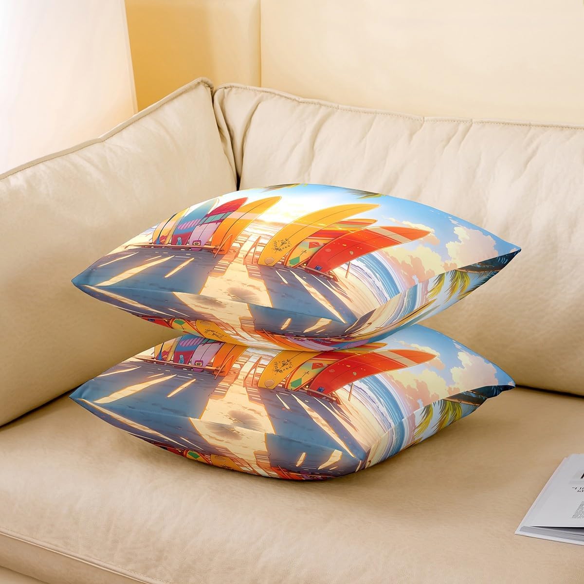 Erosebridal Colorful Surfboard Throw Pillow Covers Set of 2,Summer Ocean Beach Pillow Covers 24x24 Inch,Tropical Palm Trees Cushion Covers,Hawaiian Vacation Style Decorative Pillow Covers