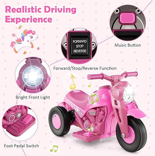 Miniatura 6 de HONEY JOY Motocicleta rosa de 6 V para niños pequeños con fabricante de burbujas, luz LED, música, pedal de pie, adelanteatrás, motocicleta