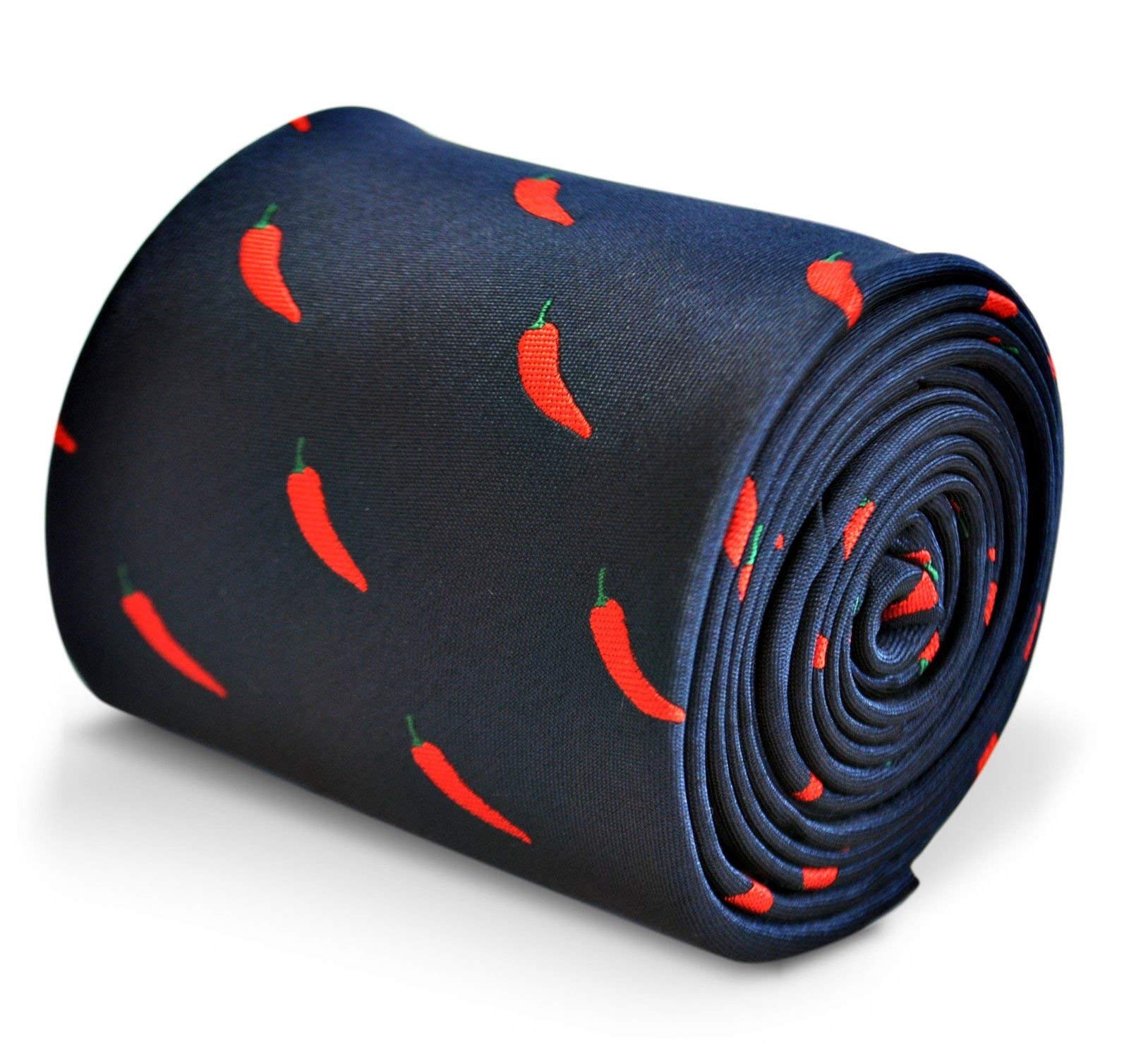 Frederick Thomas Designer Mens Tie - Dark Navy Blue - Embroidered Red Chilli