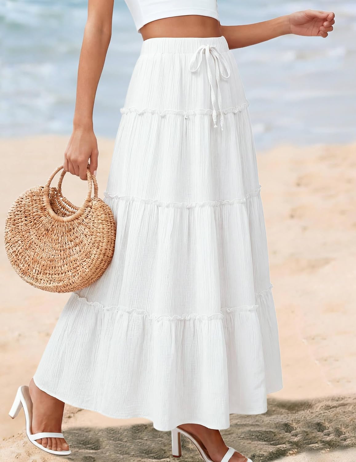 DERAX Womens Boho Maxi Skirt Flowy Ruffle Tiered Elastic High Waisted A Line 2026 Spring Summer Beach Vacation Long Skirts - Image 2