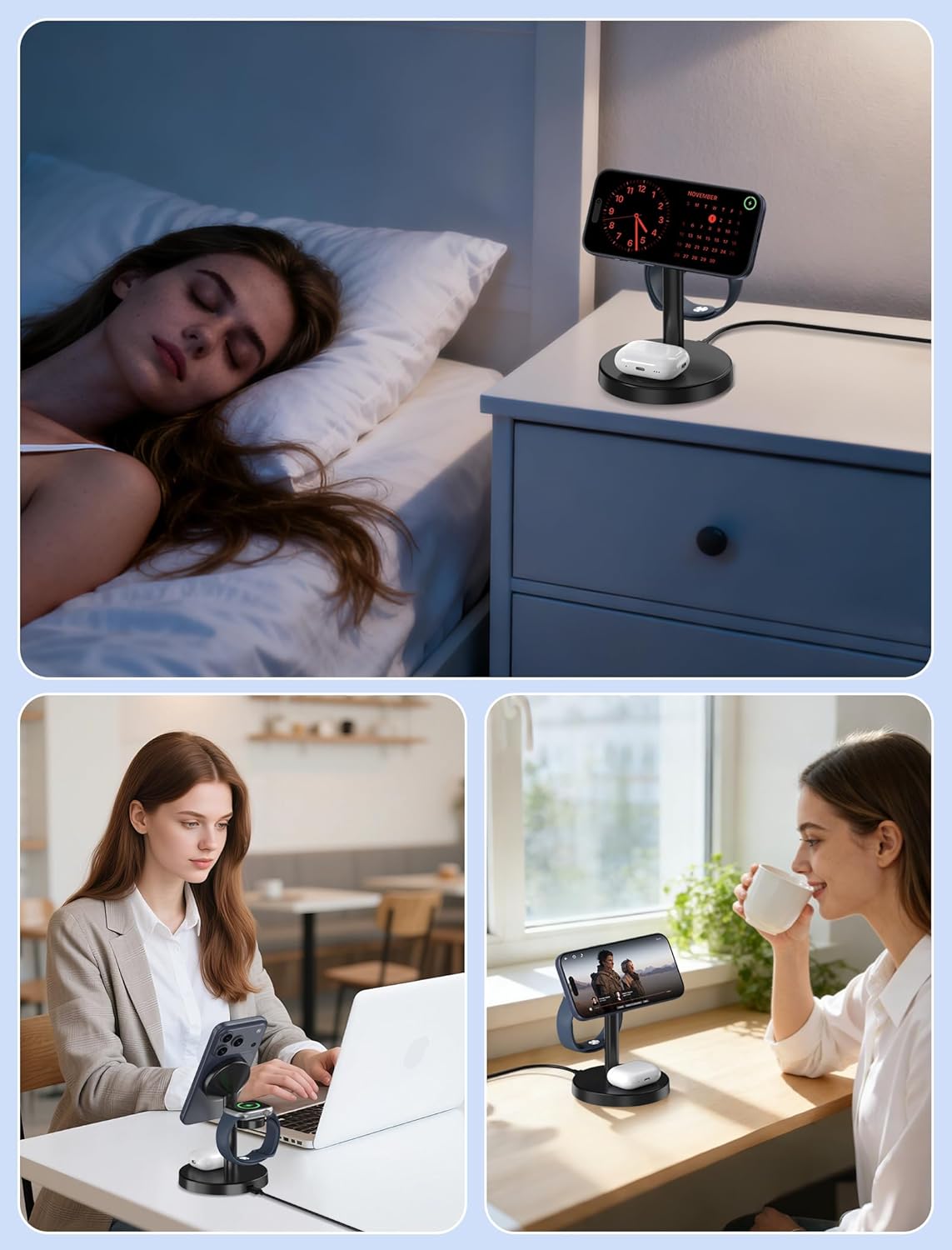 2026 3 in 1 Wireless Charging Station Compatible with MagSafe Charger Stand, 15W Fast Magnetic Mag-Safe Charger for iPhone 17 16 15 14 13 12 Series Apple iWatch AirPods Pro 4 3 2, Black - Image 8