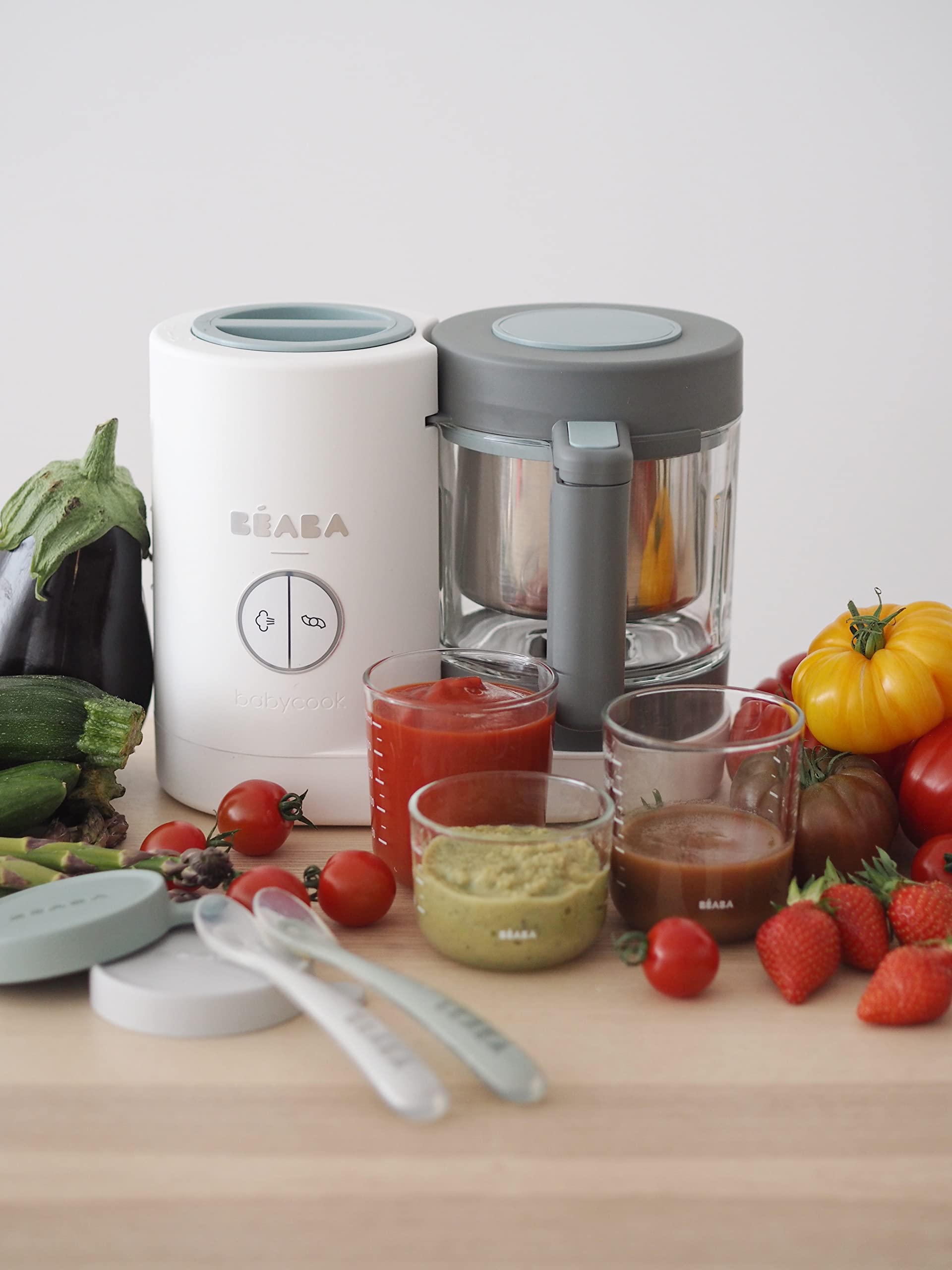 BÉABA Babycook Neo, Robot de cocina infantil, tritura, cocina y cuece al vapor, Rápido en 15 minutos, Recipiente de vidrio y cesta de acero inoxidable, Para Bebés y Niños, Gris/Blanco