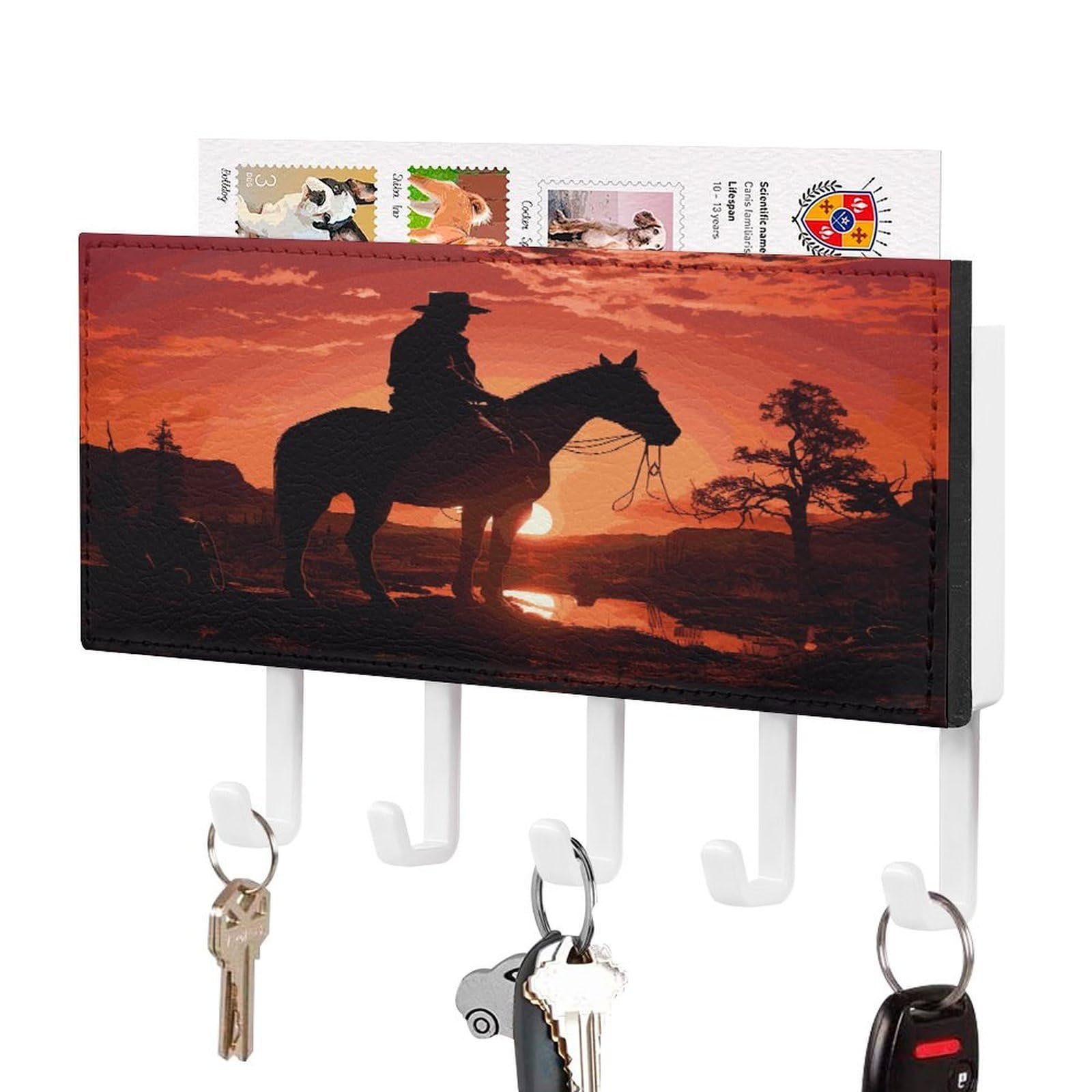 Vstadank White-Style Cowboy West Key Holder For Wall Decorative Mail Organizer Exquisite Coat Rack Pu Wall Mount Adhesive Keys Rack With Tray&5 Key Hook For Door Hallway Entryway Decor