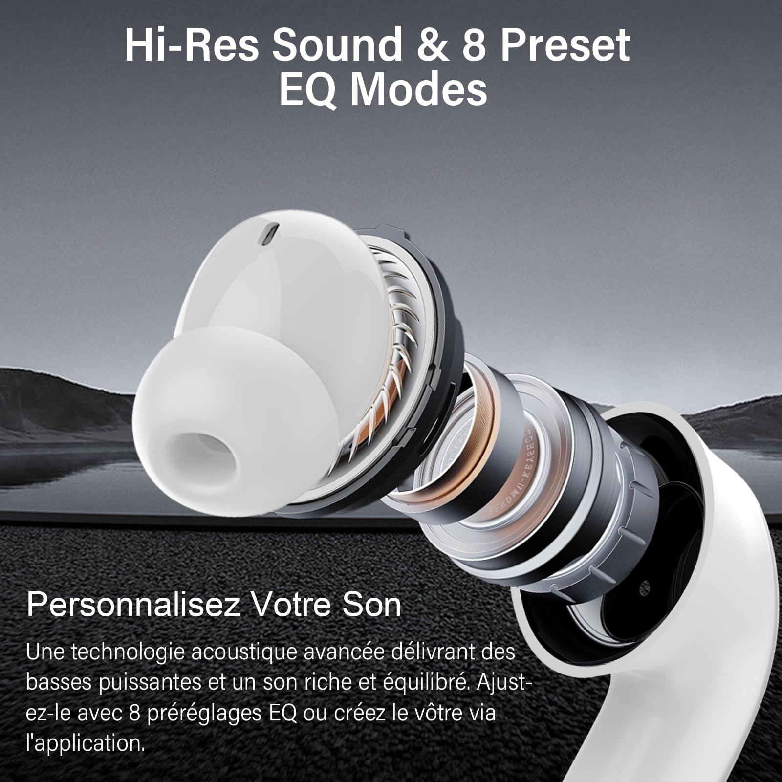 Écouteurs sans Fil à Réducteur de Bruit Hybride, Bluetooth 5.4, Hi-Res Audio Stéréo, 6 Microphones, 49H Autonomie, Charge sans Fil