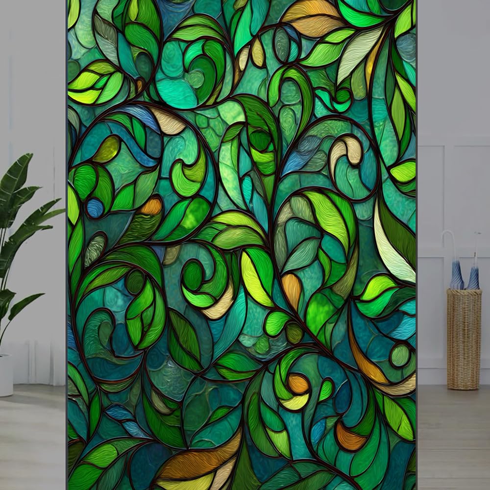FOCCAFB Green Leaf Plants Stained Glass Window Film, Vintage Texture Leaves Botanical Peel and Stick Privacy Film, Frosted Adhesive Vinyl Decorative for Bathroom Windows Glass Doors, （40x80cm）