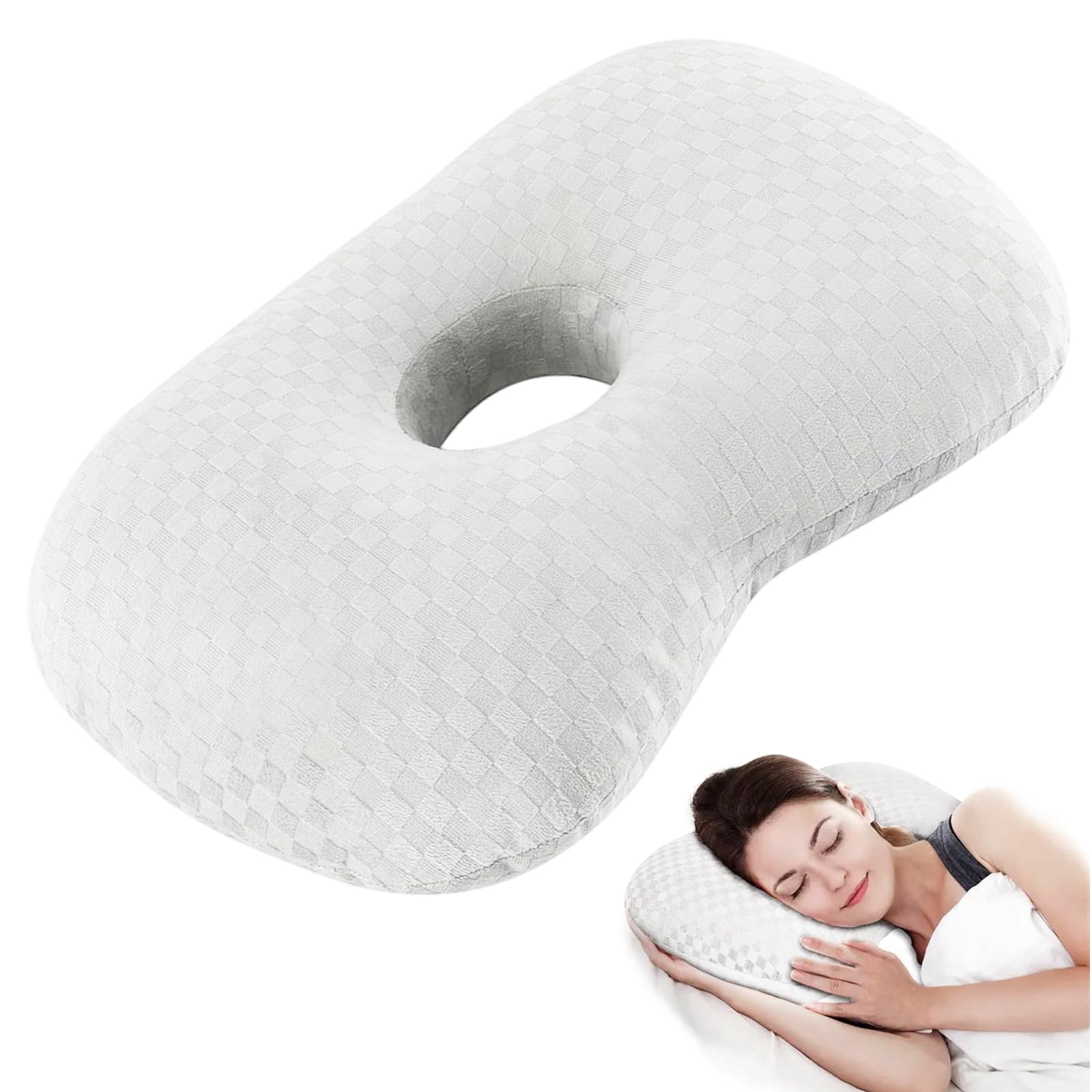 CNAFGBGG Ear Pillow 17x13 Checkered Ergonomic Piercing Pillow with Ear Hole(3.5") to Relieve Stress and Pain Soft Portable Polyester Fiber Head Cushion for Side Sleeper..