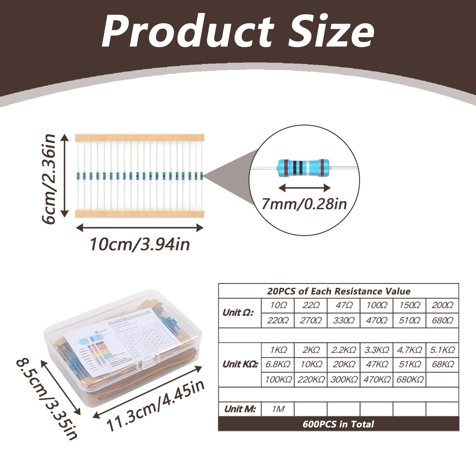 Zestaw 600 rezystorów elektronicznych od 10 Ohm do 1 MΩ, 1/4 W zestaw folii węglowej, 30 różnych wartości, tolerancja 1% do projektów elektronicznych DIY, rezystor ze stabilnymi metalowymi trzpieniami